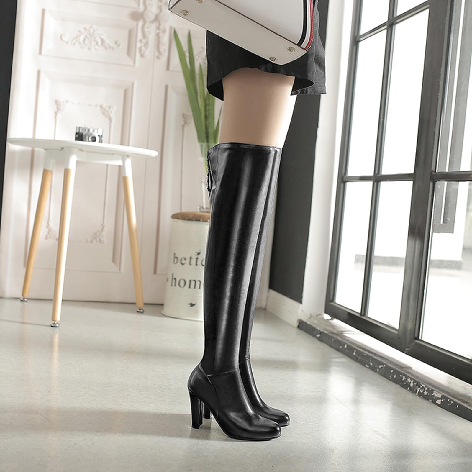 9CM/ 3.54IN Moda Punta Puntiaguda Tacón Grueso Sexy Y Elegante Botas de Club Nocturno Botas de Baile Alto Rodilla Polo,Negro,42 EU