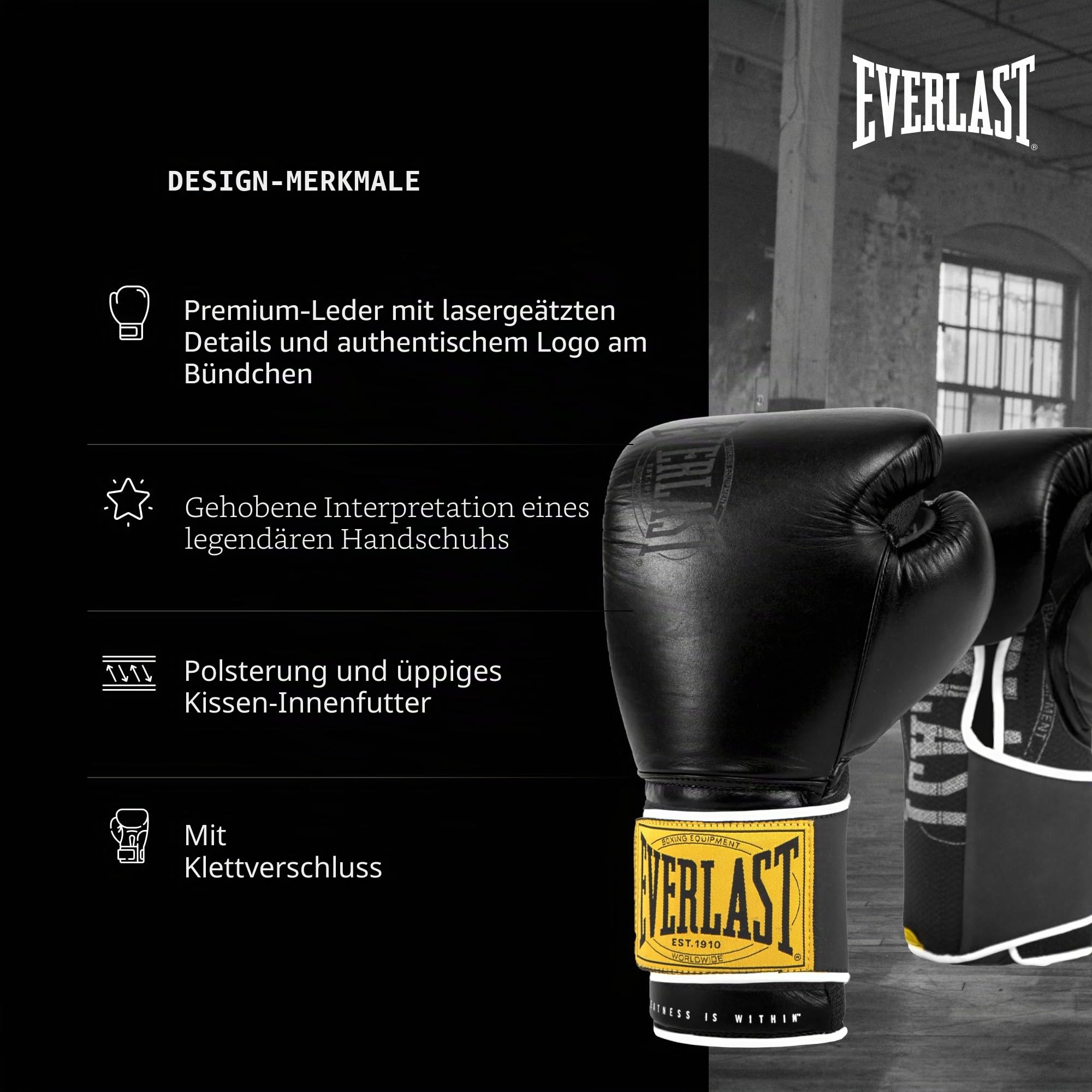 Everlast 1910 Classic Trainings-Boxhandschuhe aus Leder, für Sandsack & Pratzen, Klettverschluss, dreifache Polsterung, ergonomischer Griff – Original Everlast