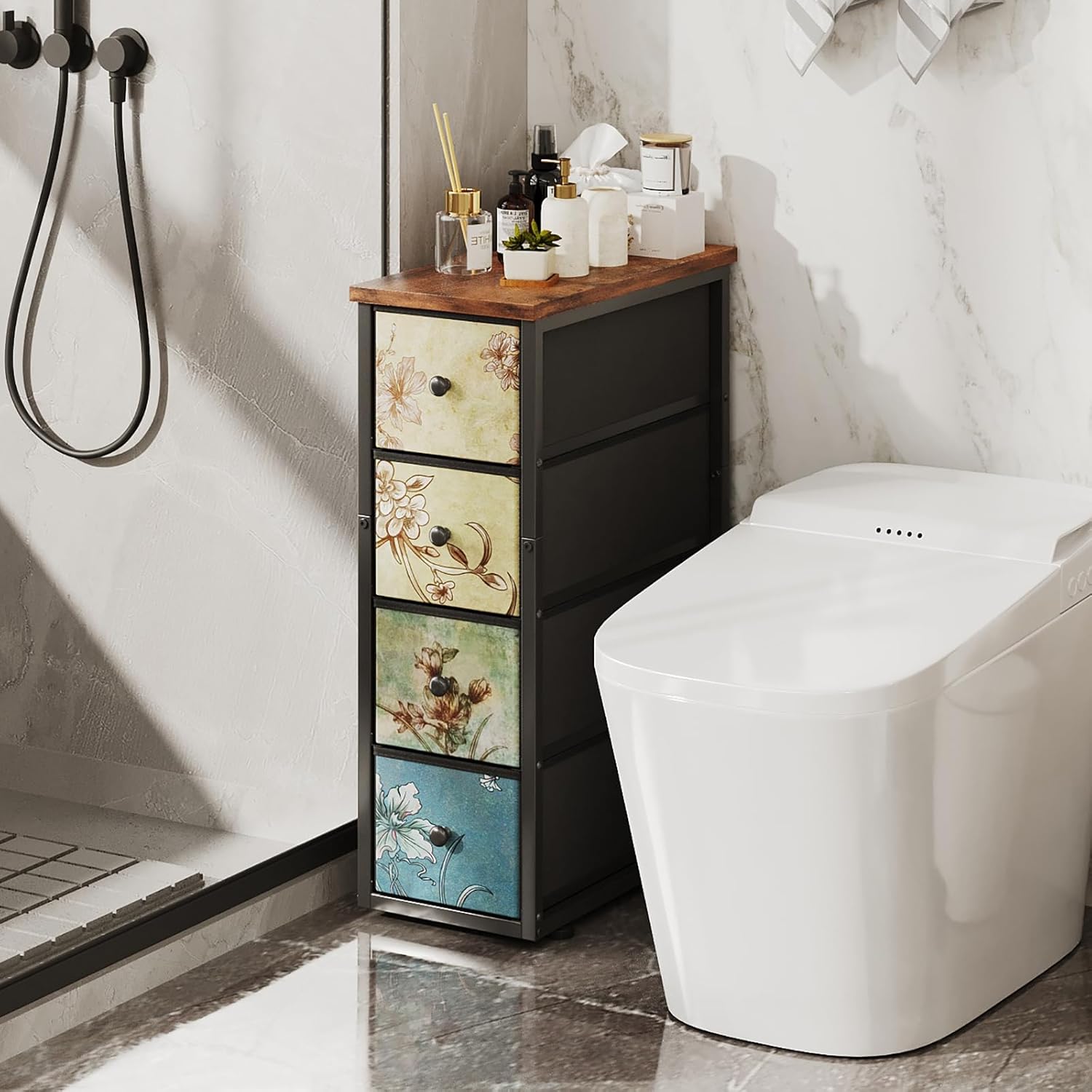 Narrow Dresser, Narrow Nightstand Dresser Storage Tower with 4 Drawers, Slim Fabric Dressers Chest of Drawers for Small Spaces, Retro Flower Dressers, for Bedroom Bathroom Laundry Closet, Vintage