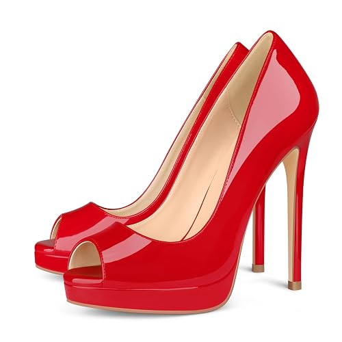 MERUMOTE Women's Peep Toe Heels Platform Stiletto Heels 5 Inch for Party Prom - 9 - Red