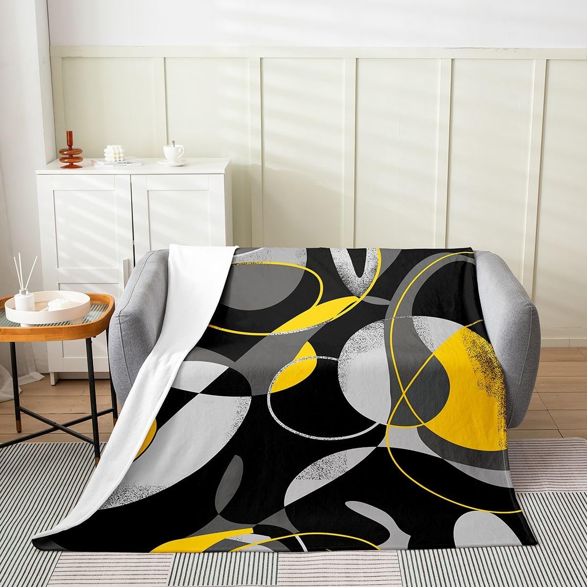 Geometric Flannel Fleece Throw Blanket Kids,Geometric Circle Grey Black Yellow Fuzzy Blanket for Bed Sofa Couch,Stripe Line Bed Blanket Breathable Modern Art Plush Blanket Room Decor Twin 60"x80"