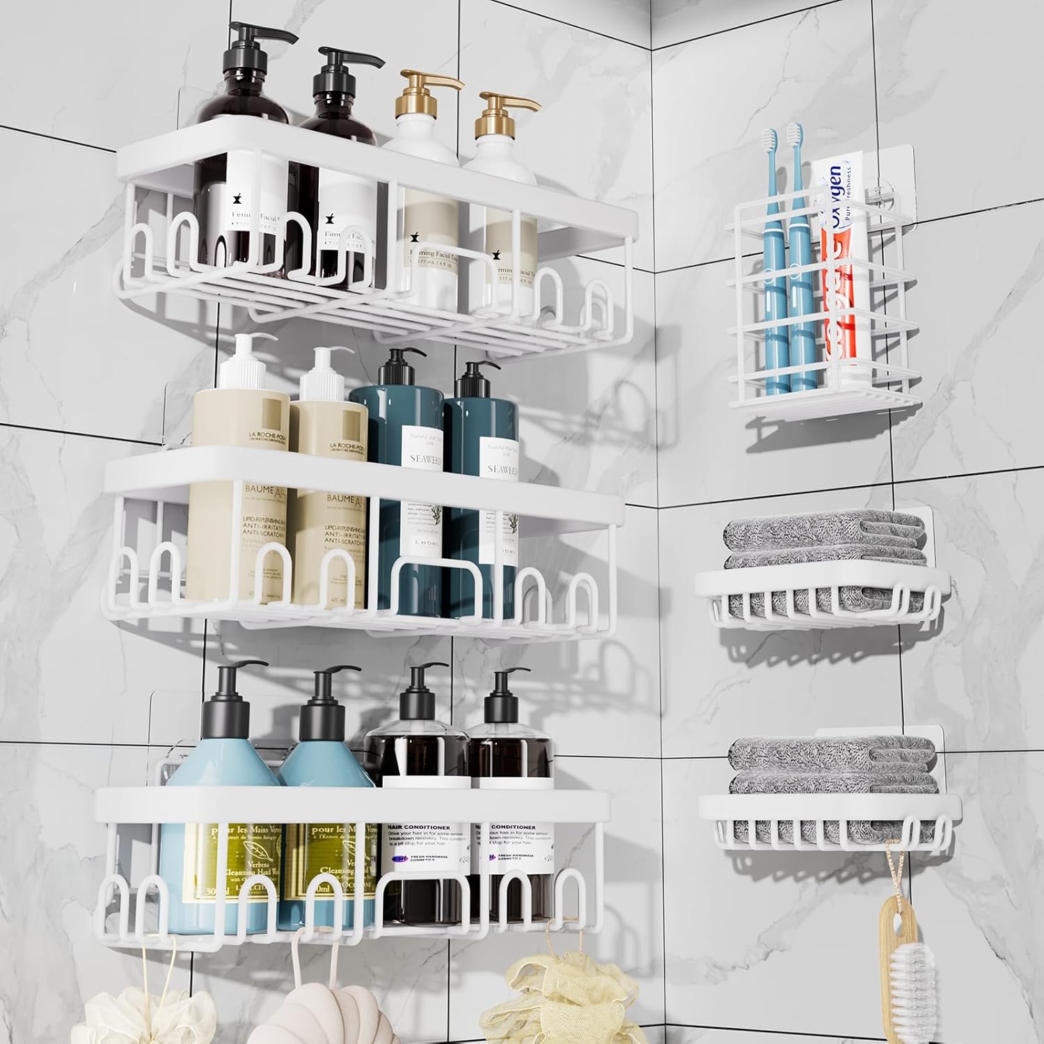 Veken Adhesive Shower Caddy 6-Pack,Heavy Weight Bearing,Large Wall Mounted Shower Shelves Rack,Organizer Storage Accessories with Soap Dish&Toothbrush Holder,Ideal for Bathroom,Home&Kitchen,White