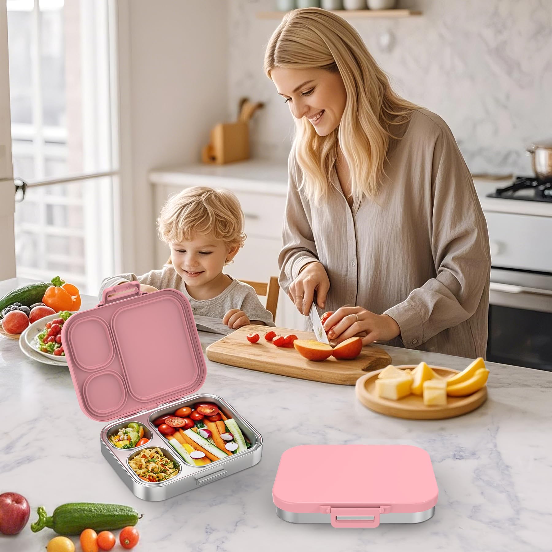 VITONIS Fiambrera de acero inoxidable para niños, fiambrera con 3 compartimentos A prueba de fugas, apta para lavavajillas, Adecuado para campus, picnic (rosa)