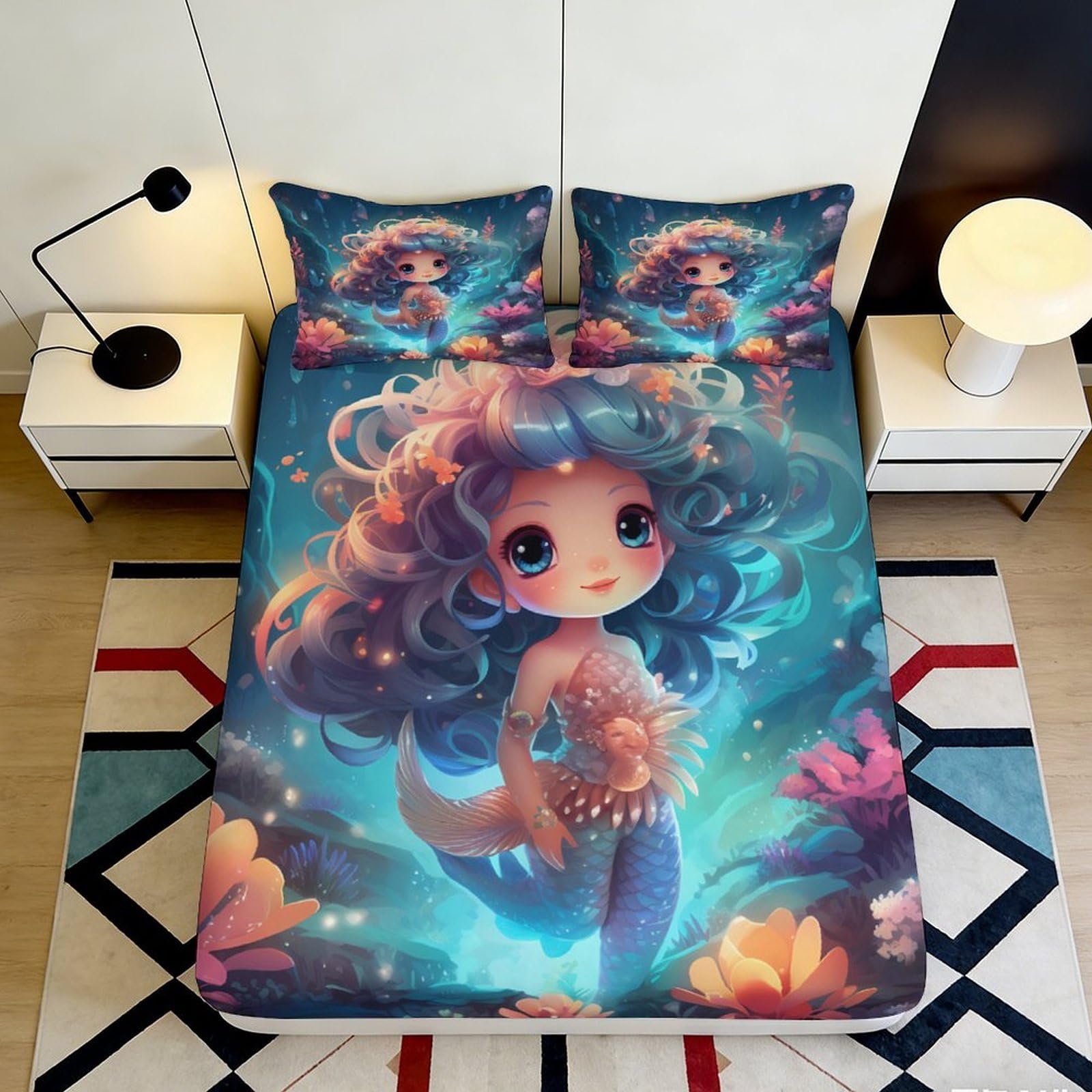 3D Printed Mermaid Fantasy Fitted Sheet Microfiber Soft Touch Underwater Dream Bed Cover for Bedroom Guest Room Decor 90x200x25cm
