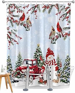 Split Shower Curtain for Transfer Bench, Light Blue Christmas Extra Long Shower Curtains 96 Inches for Bathroom/Tub, Xmas Snowman Truck Tree Birds Waterproof Fabric Shower Curtain Set,