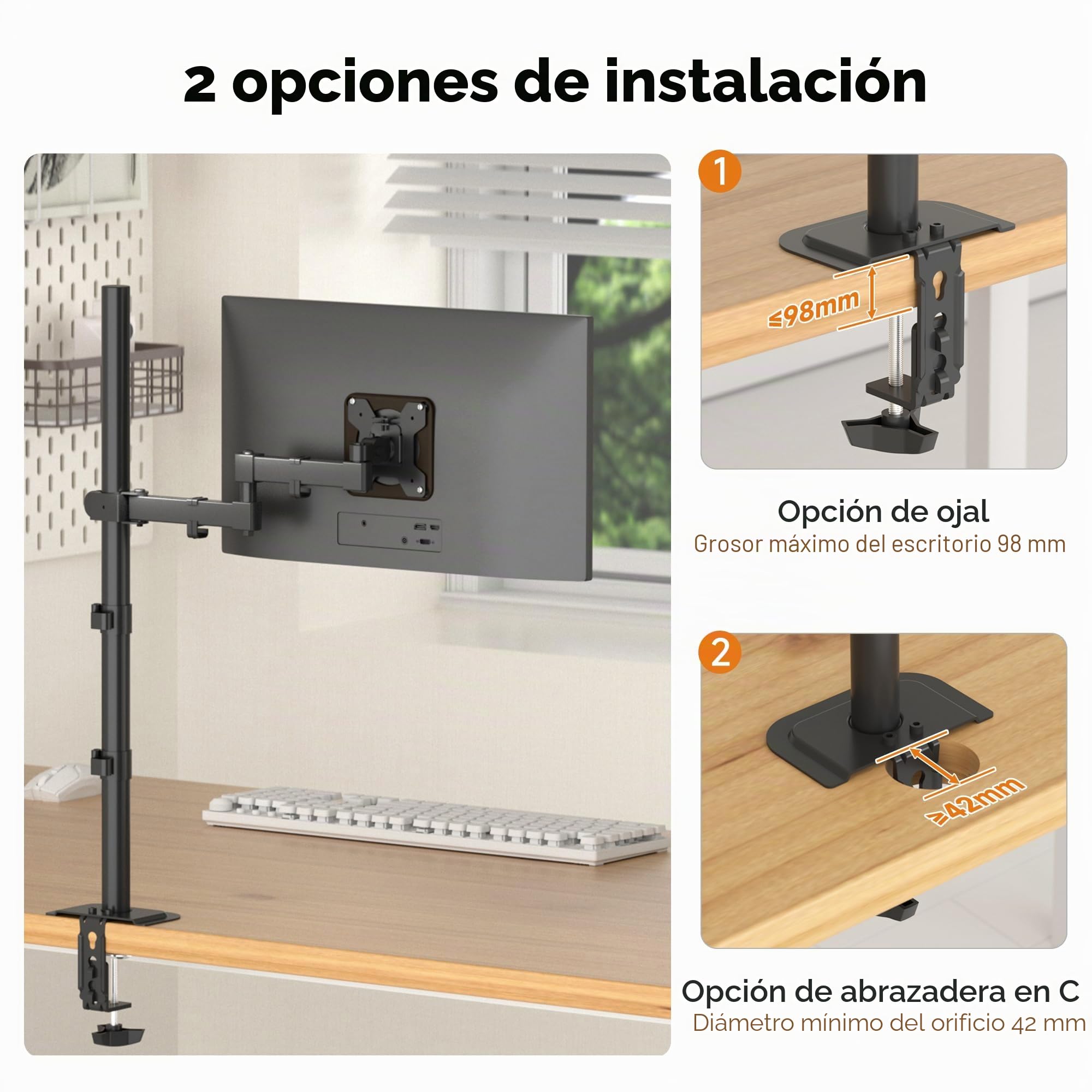 Bracwiser Soporte Monitor de Mesa Altura Extra 800mm, Brazo Monitor de 13-32 Pulgadas (Máx. 34"), Soporte Pantalla Ordenador Ajustable, VESA 75/100mm, Carga 10kg, Pinza y Ojal, Negro, MD7821