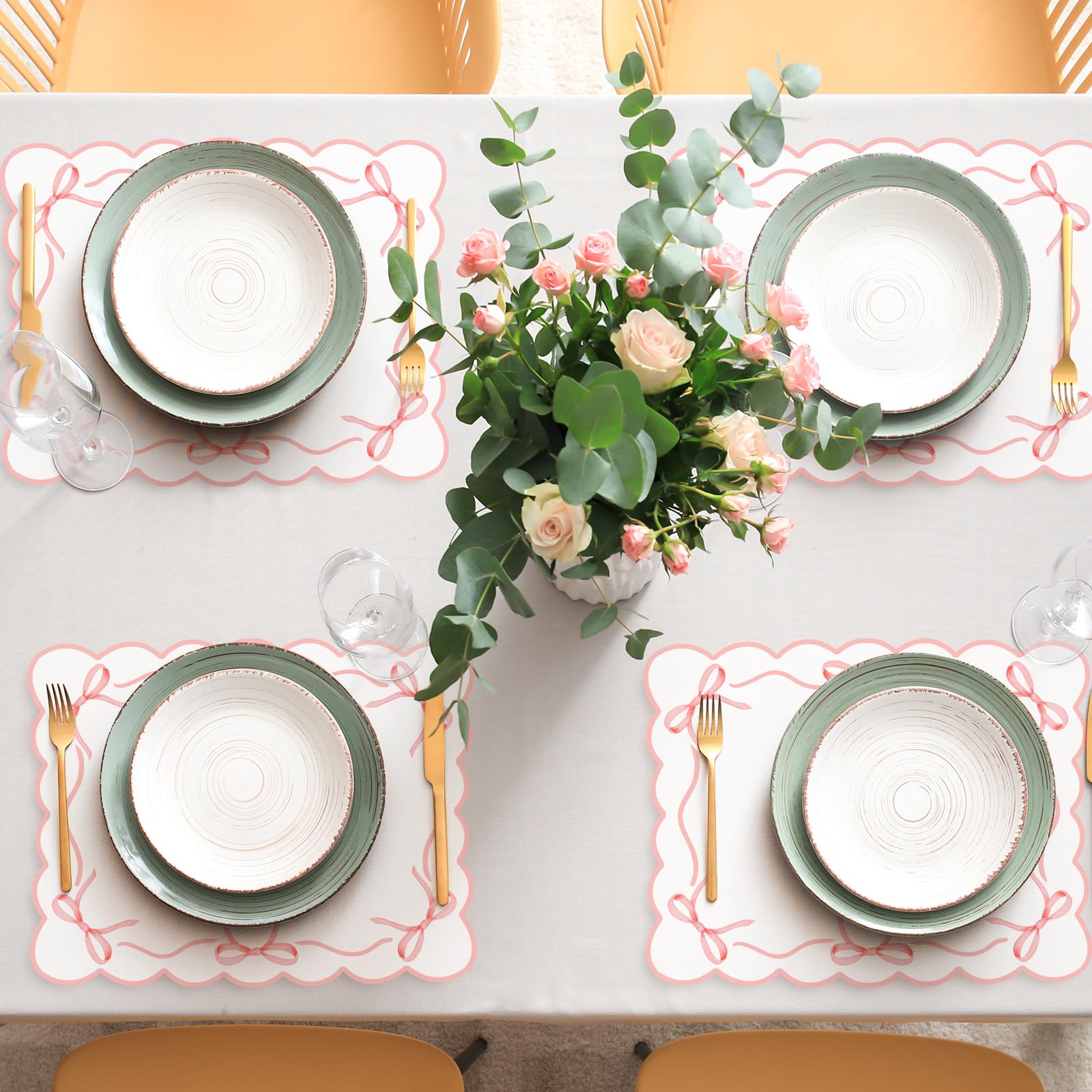 JarThenaAMCS 50 hojas de mantel individual de papel con lazo rosa festoneado con lazo, bonito mantel individual desechable para mesa de cena de despedida de soltera, 16.5 x 12.9 pulgadas