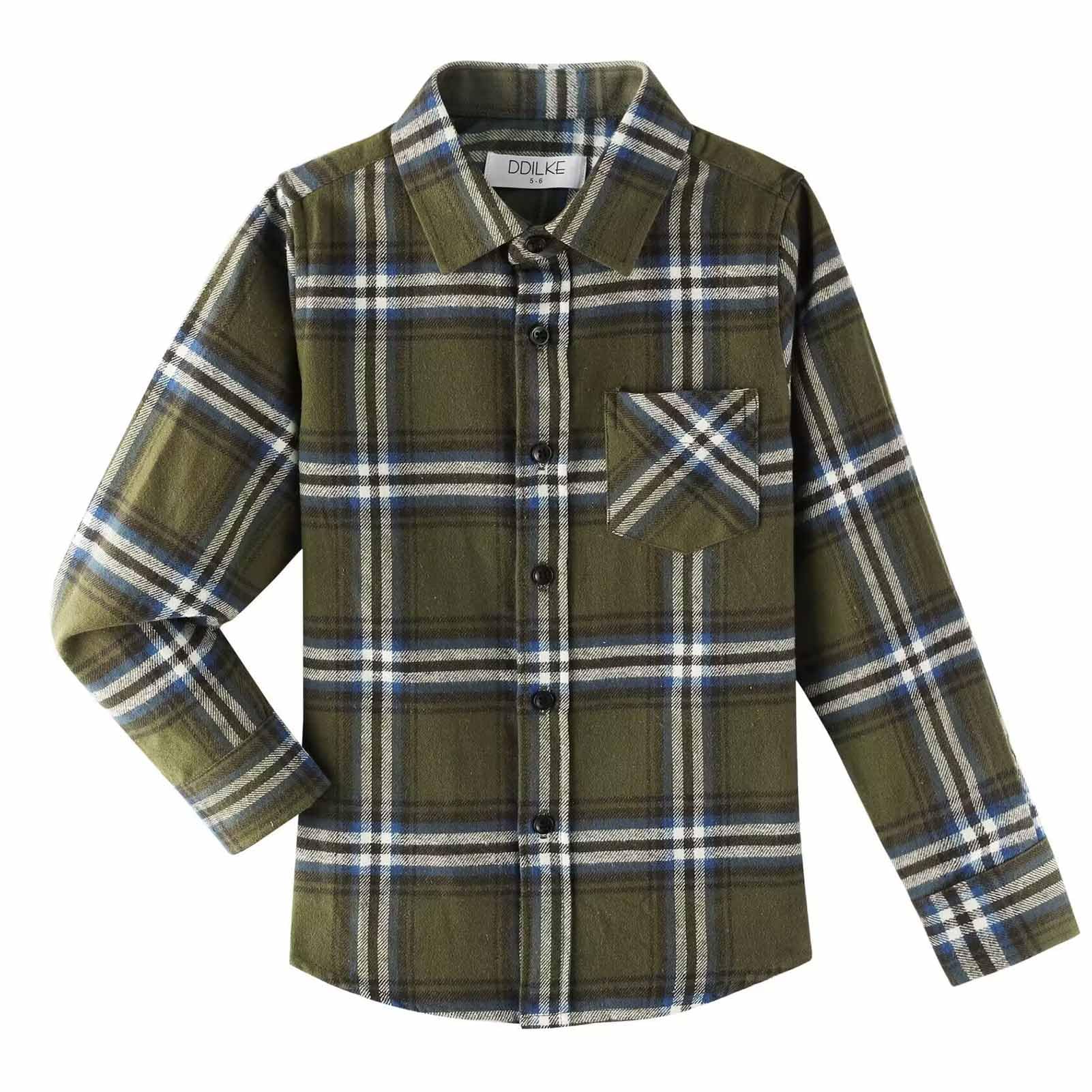 DILBYKE Camisa casual de franela para niños, de manga larga, a cuadros, con botones, felpa de algodón suave