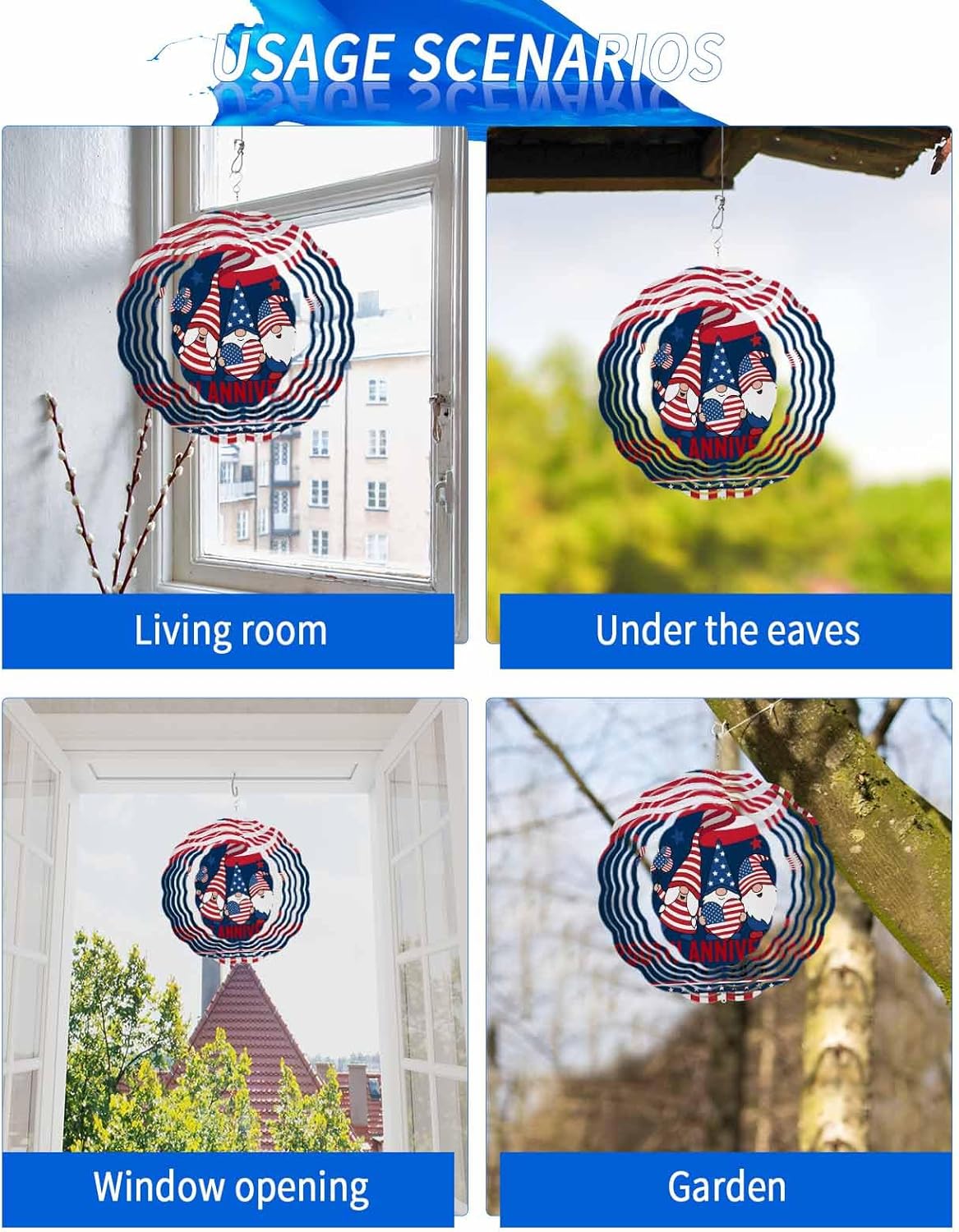 American Patriotic Gnome Wind Spinner for Garden Yard 3D Stainless Steel Hanging Wind Spinners, 250th Anniversary USA Flag Spinners Outdoor Metal Decor for Lawn Patio Home