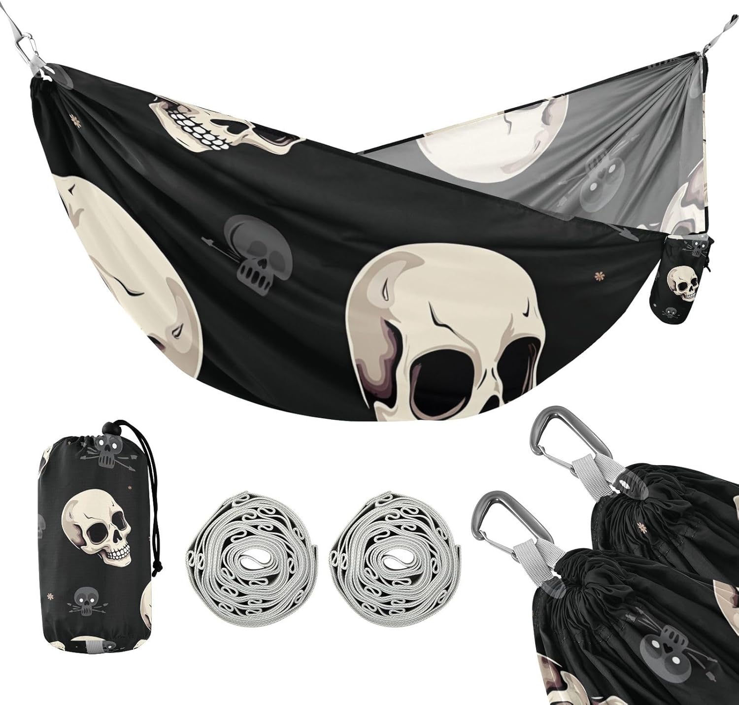 Black Skulls Halloween 330lb Capacity Hammocks with Tree Straps Tree Hammock for Outside Camping Essentials hamaca para acampar