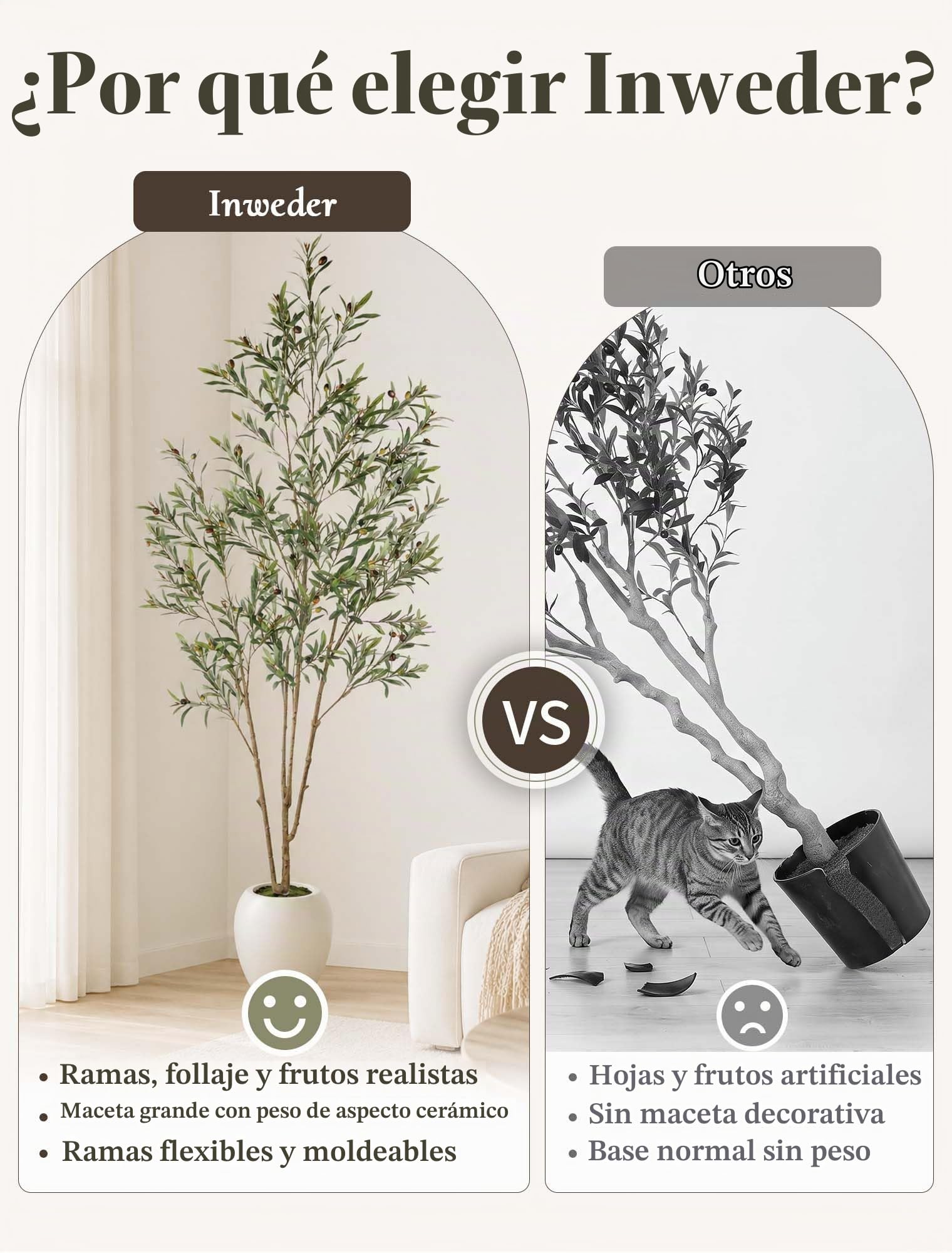 Olivo Artificial 210 cm con Maceta Blanca, Planta De Interior Alta