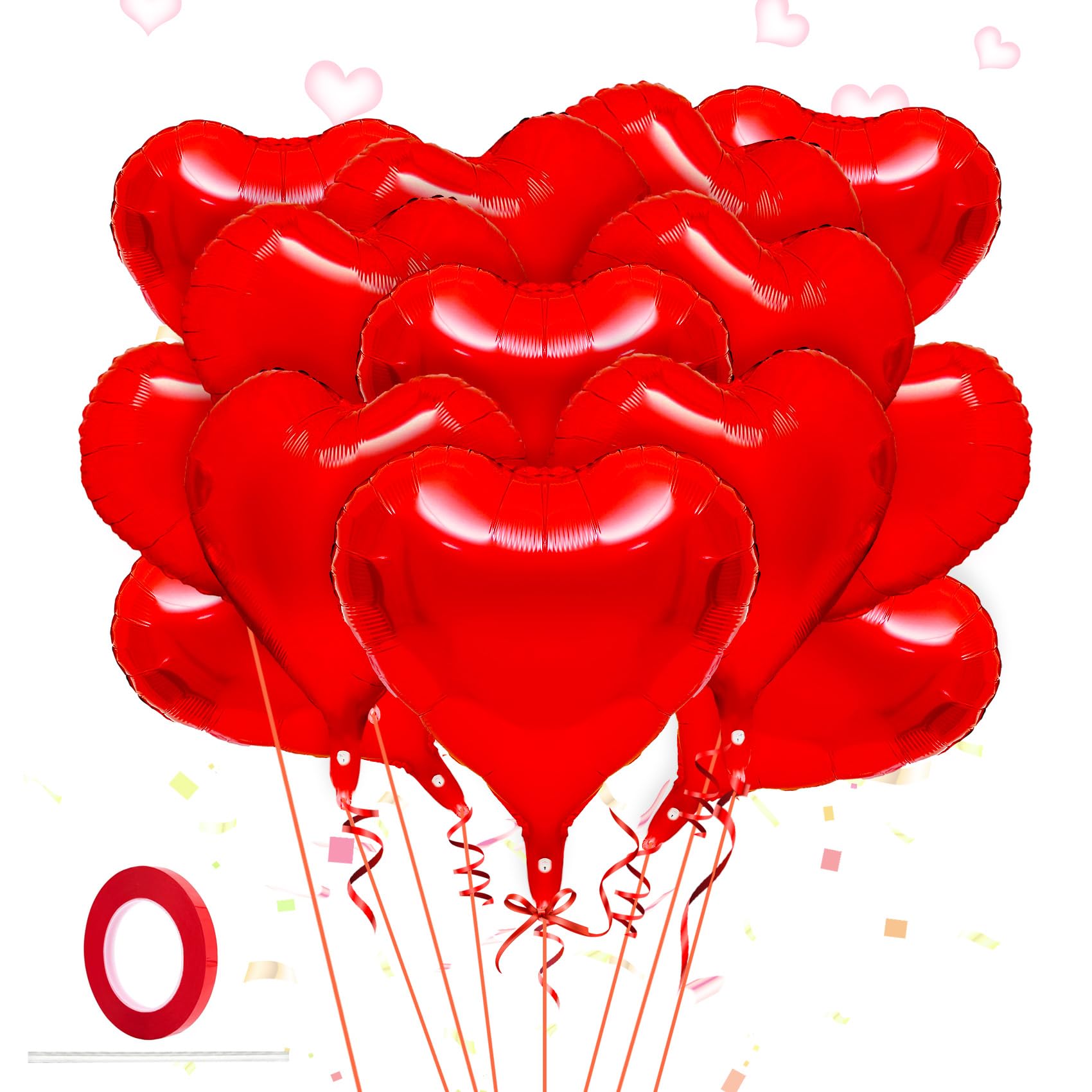 Heart Balloons, 15 Pcs Red Heart Balloons 18 Inch Heart Shaped Balloon Hearts Love Foil Helium Balloon with Ribbon for Birthday Wedding Engagement