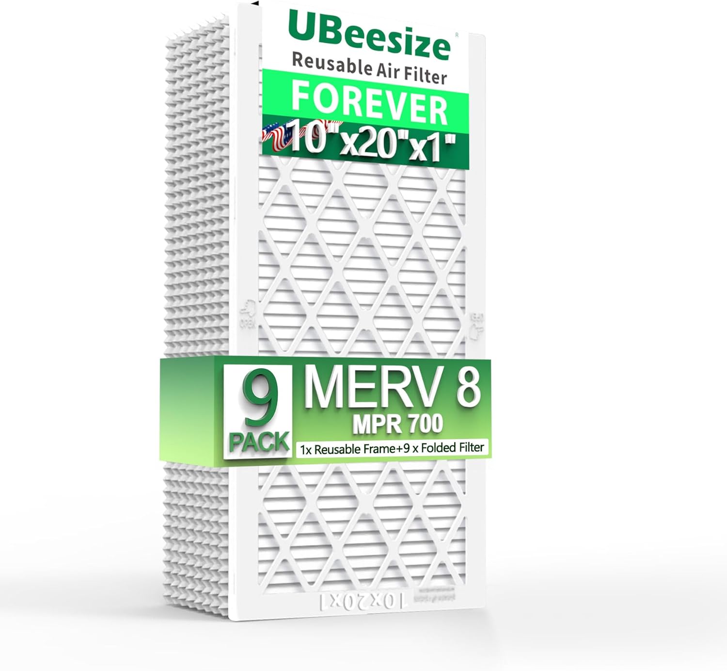 UBeesize New Reusable Air Filter 10x20x1 (9-Pack) MERV 8 MPR 700 AC/HVAC Furnace Air Filters (Actual Size: 9.50 x 19.50 x 0.75 Inches) 1x Reusable Plastic Frame+9 x Filter Replacements 10x20x1 1 frame + 9 Filters MERV8 Air Filter
