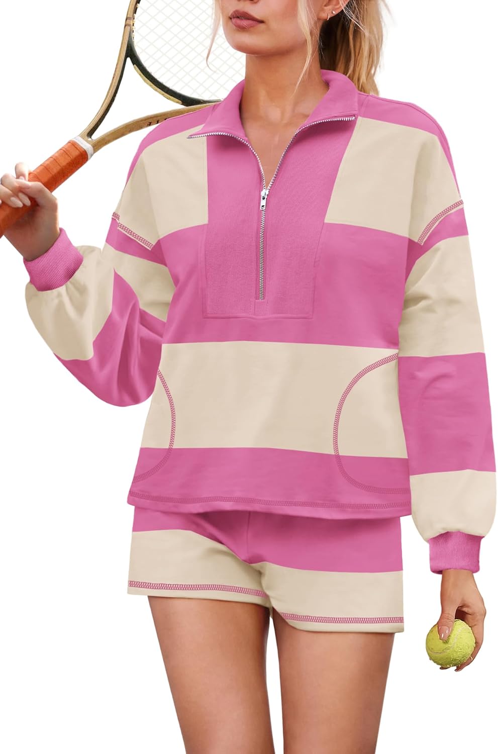 Yanekop Womens Striped Sweatsuits 2 Piece Set Oversized Two Piece Tracksuit Matching Sweat Sets Fall Lounge Sets