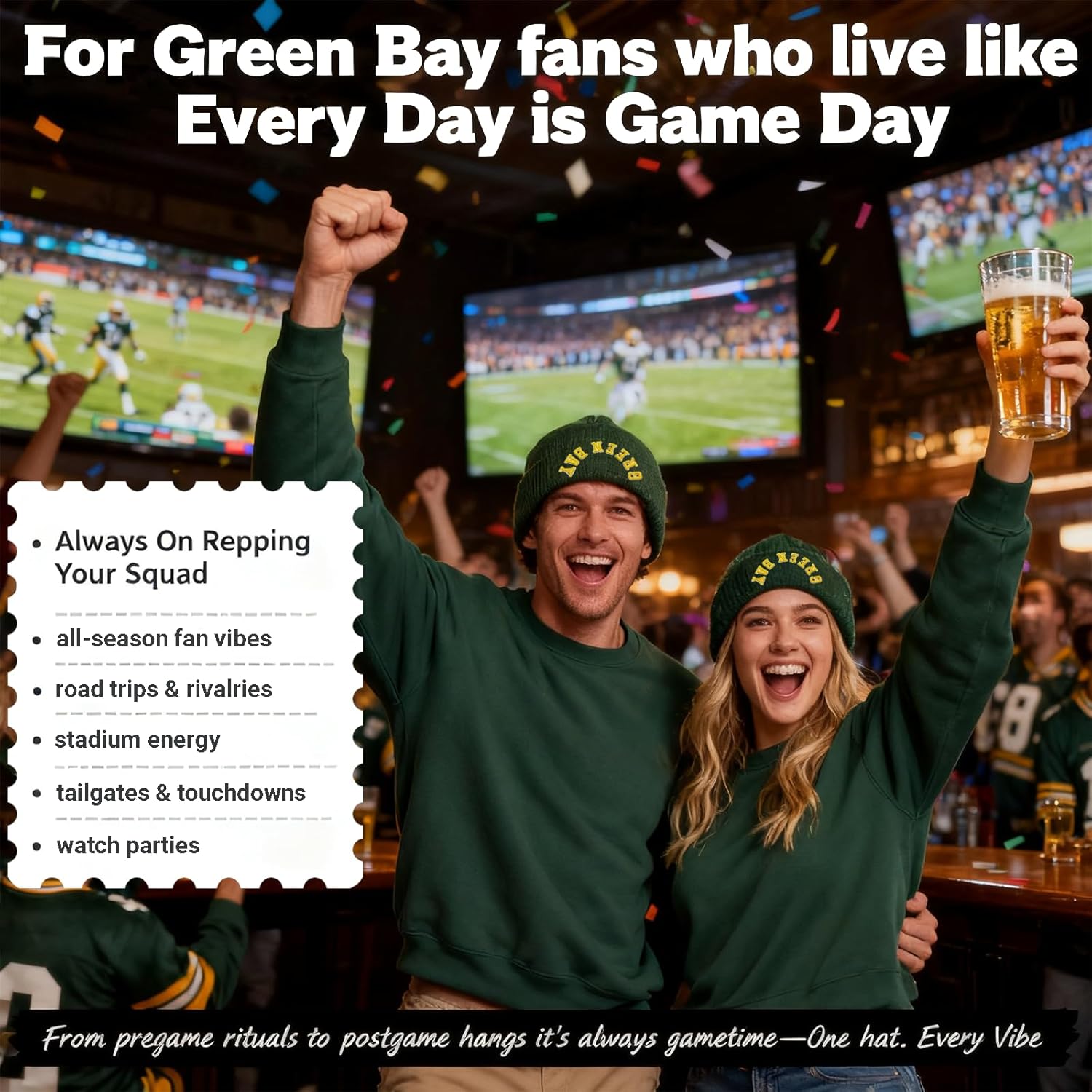 Condition photo showing New/Like New for 3D Embroidered Upside Down City Football Beanie Hat, Game Day Gifts for Men Women and Fans, Funny Sports Apparel One Size Upside-down Green Bay