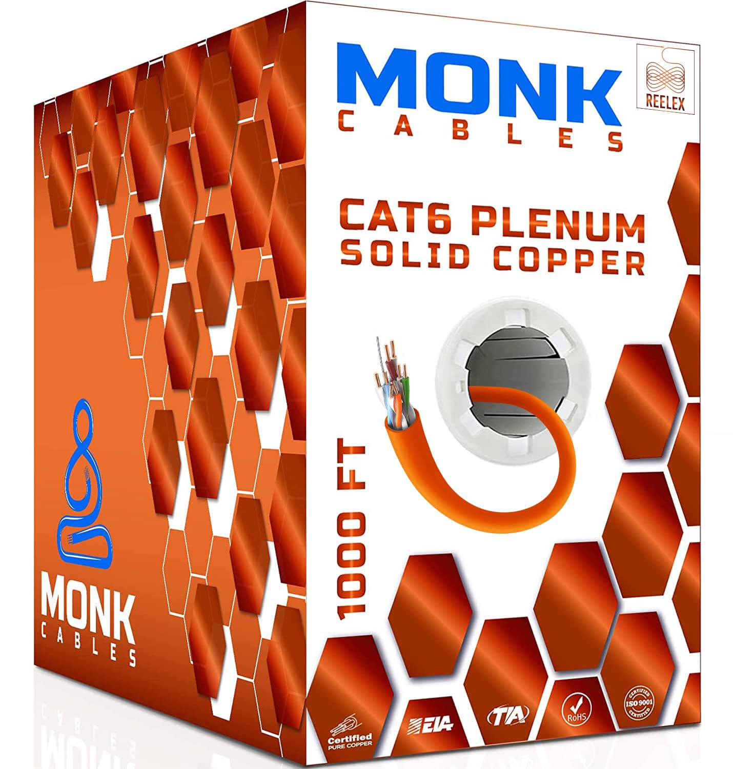 MONK CABLES | CAT6 Plenum Cable 1000ft | 100% Pure Copper | UTP, 23AWG, 550MHz | DSX-8000 Certified | Most Certified Cable of The Whole Market (Orange