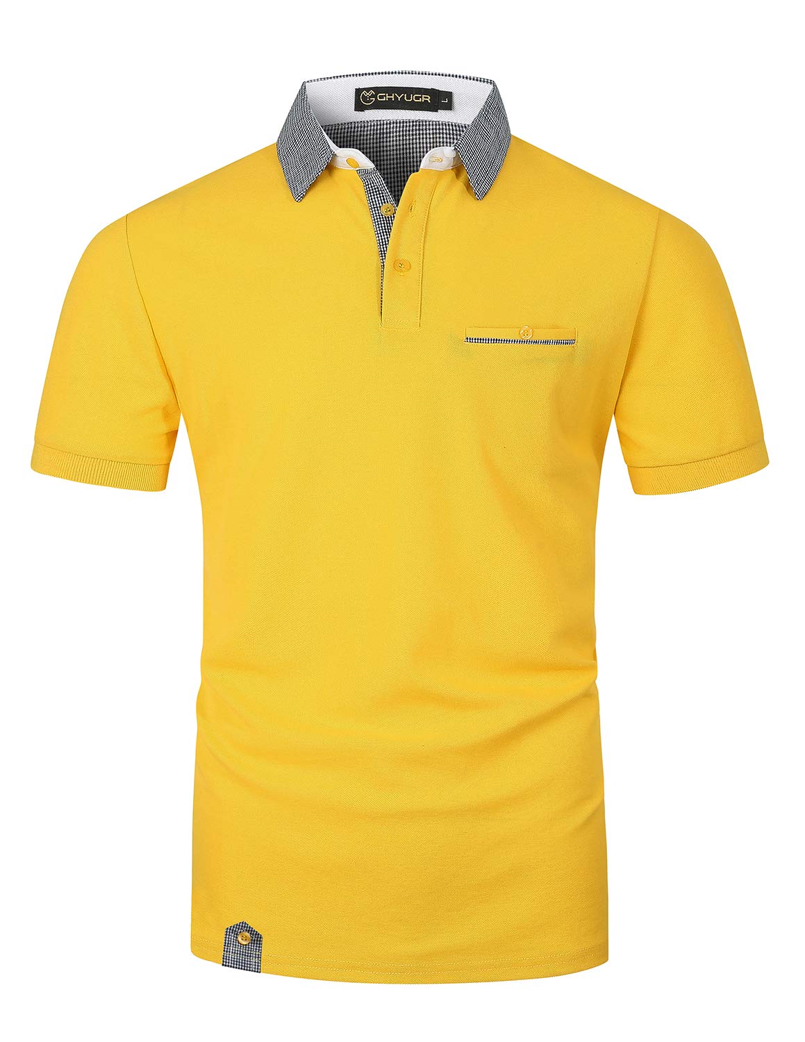 GHYUGR Men's Short Sleeve Polos with Classic Plaid Splice Golf Polo Shirts S-2XL,Yellow,XL
