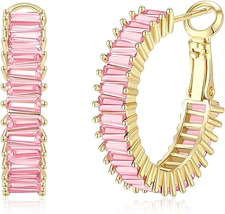Trendy 14K Gold Plated Hoop Earrings for Women, Chunky Gold/Silver Earrings for Women Cubic Zirconia Baguette Hoop Earrings Heart Hoops Lightweight Hypoallergenic Jewelry,25mm/35mm/40mm/50mm