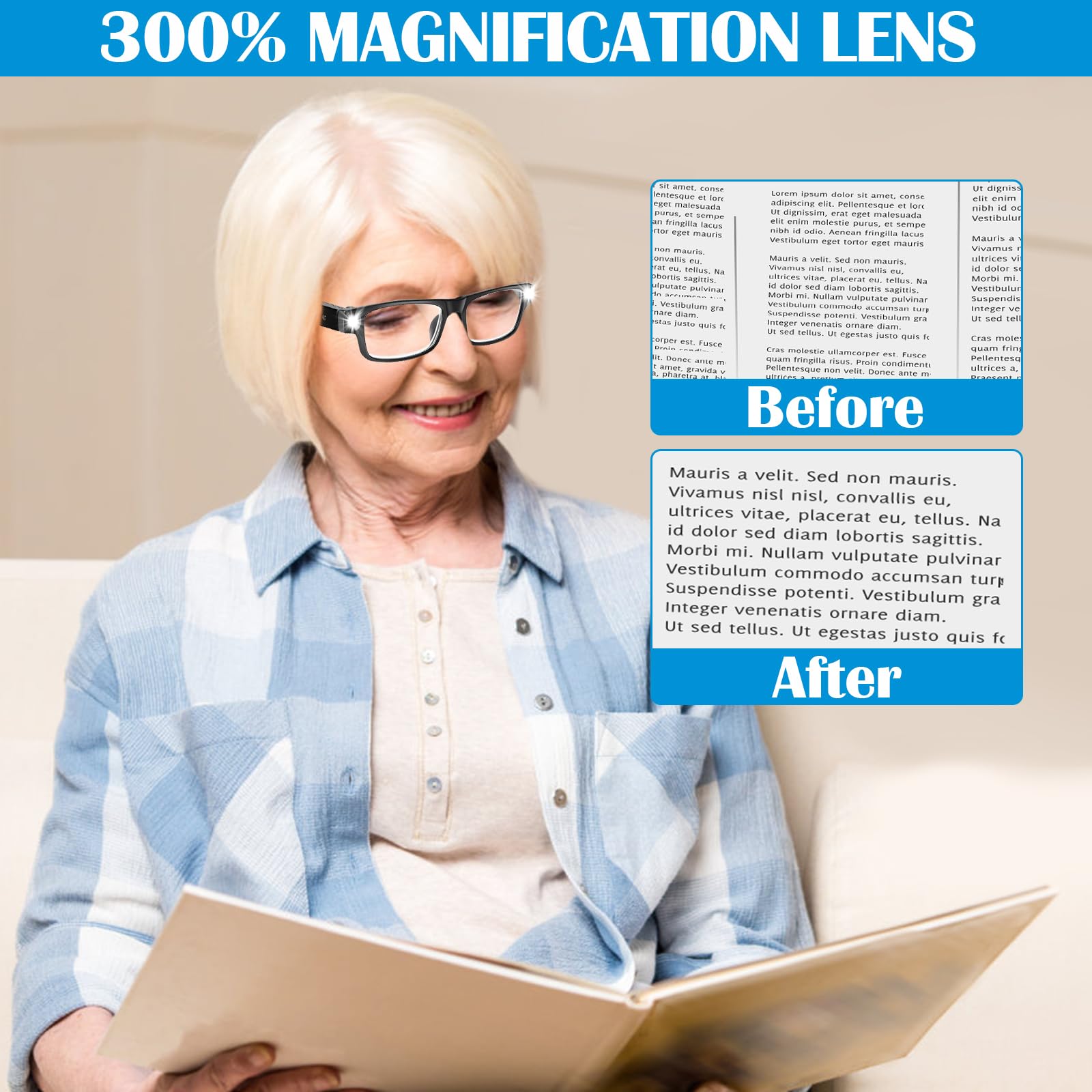 NZQXJXZ Gafas de Aumento con Luz LED Recargables por USB, 300% de Aumento, Gafas con Lupa de Cabeza Manos Libres para Trabajos de Cerca, Pasatiempos, Lectura y Manualidades