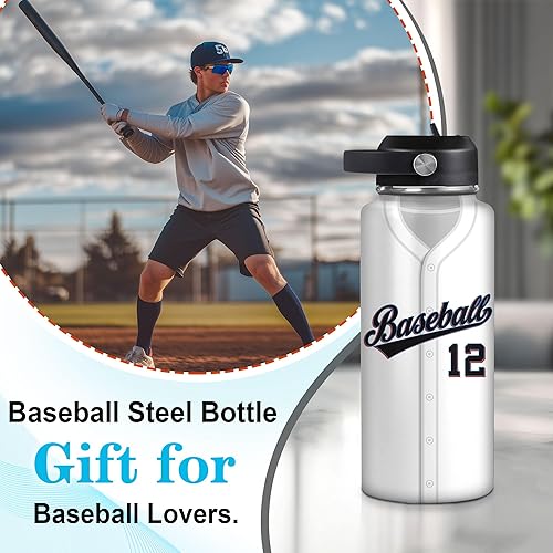 Vista 70 de Hyturtle Botella de agua de béisbol personalizada, botella de acero inoxidable aislada de viaje con tapa a prueba de fugas, 18 onzas, 32 onzas