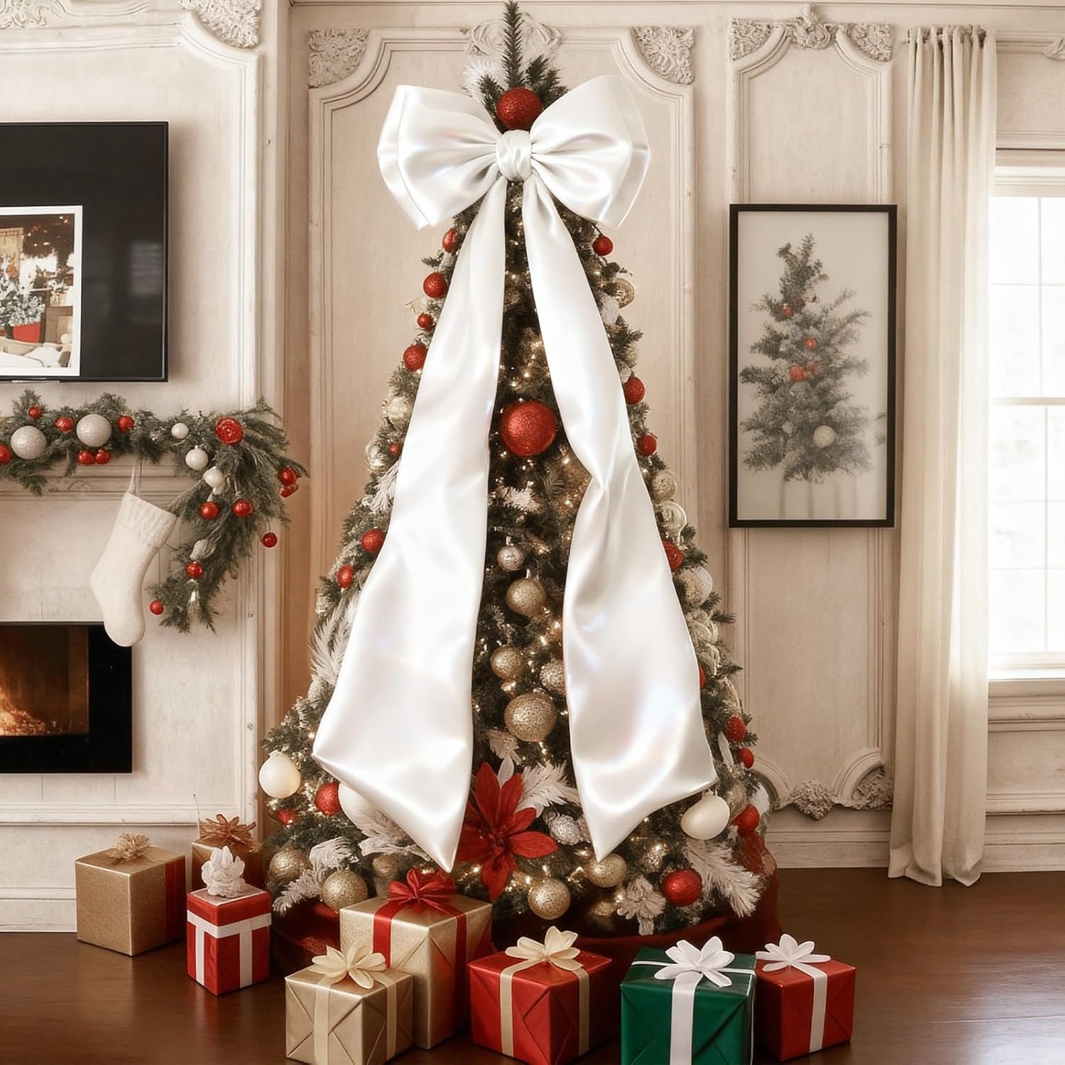 Giant White Bow Decor 75x19 Inch Christmas Tree Topper Decoration Big Bows for Home Coquette Room Decor Room Wall Backdrop Ribbon Tie for Wedding Christmas Birthday Party Baby Shower Supplies