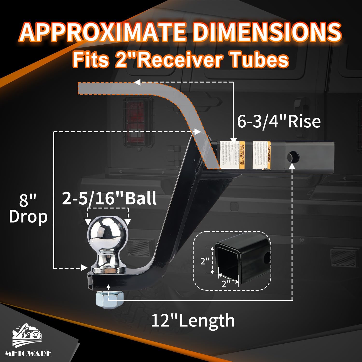 METOWARE Trailer Hitch Ball Mount with 2-5/16 Inch Trailer Ball, Fits 2- Inch Receiver, 7500lbs Capacity Ball Hitch, 8-Inch Drop, Hollow Shank with 5/8" Hitch Lock, Black