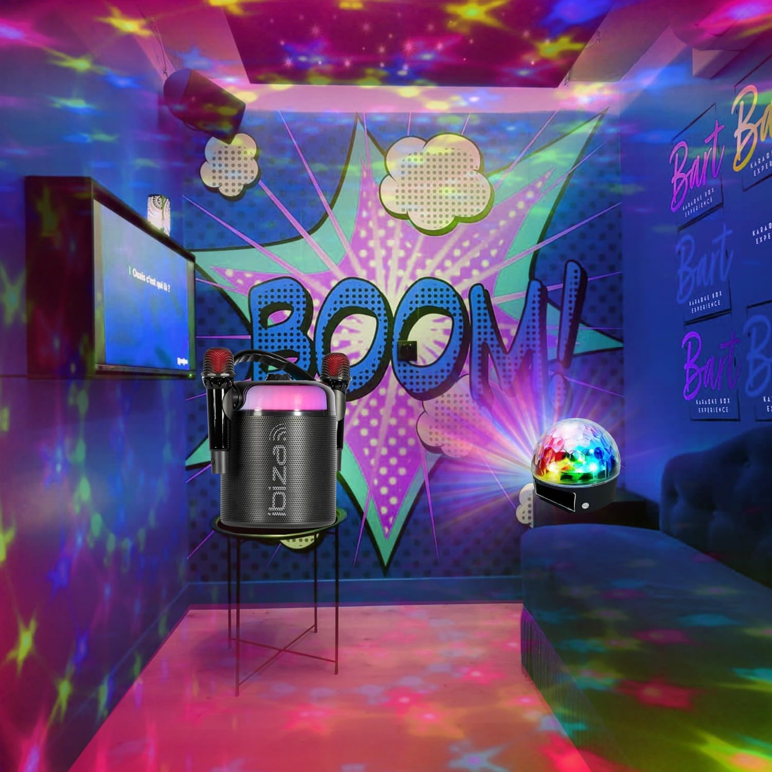 Ibiza - Pack Karaoké Enceinte Bluetooth Autonome Portable Ibiza Sound KARAHOME-BK 120W USB 2 Micros sans Fil - Effet Lumière Party-ASTRO6