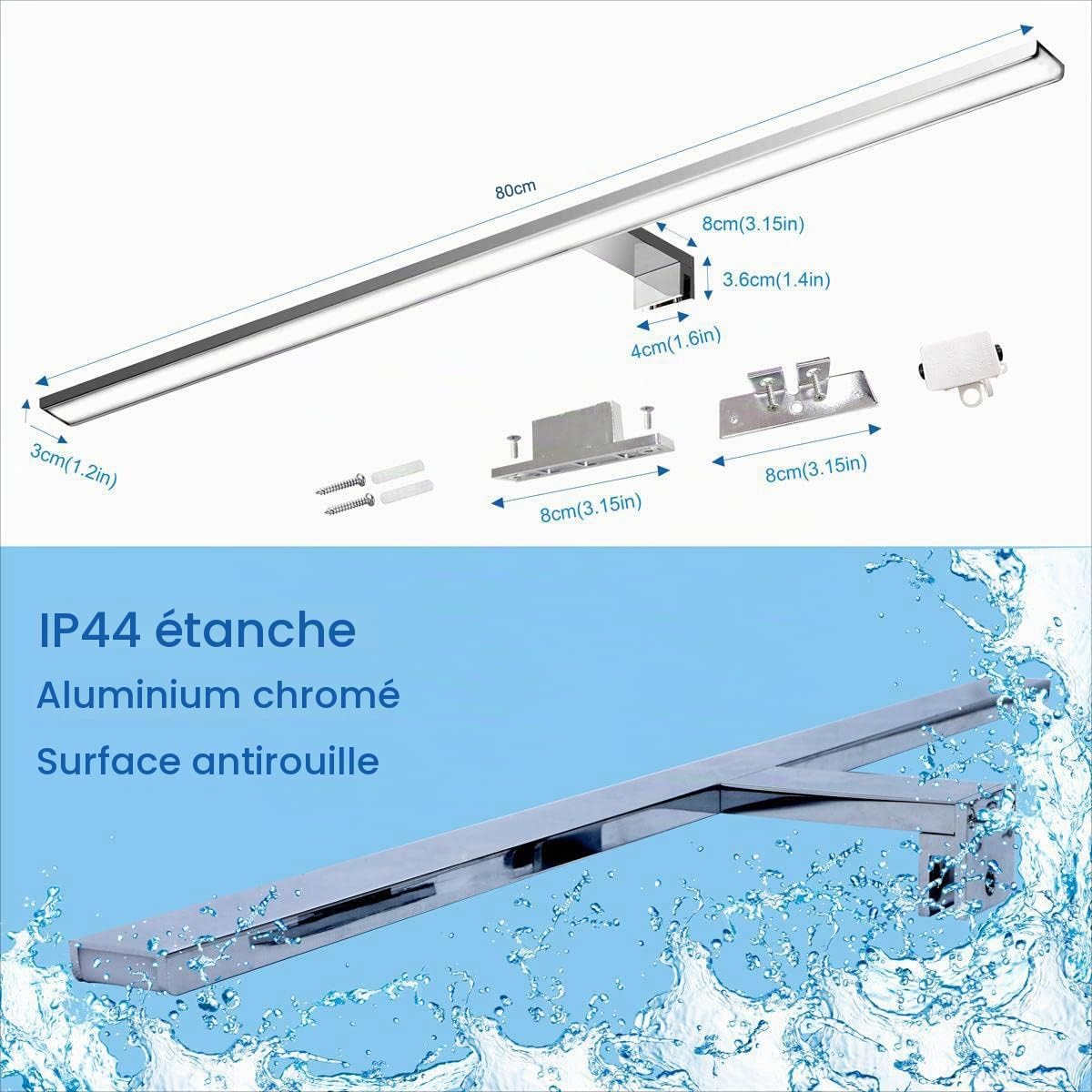 80cm LED Luz de Espejo de Baño 15W 1400 Lumens 230V Luz de Espejo de Baño de Pared 6000K Luz Blanca Fría Todo Aluminio 3en1 Montaje Luz de Espejo de Baño Impermeable IP44