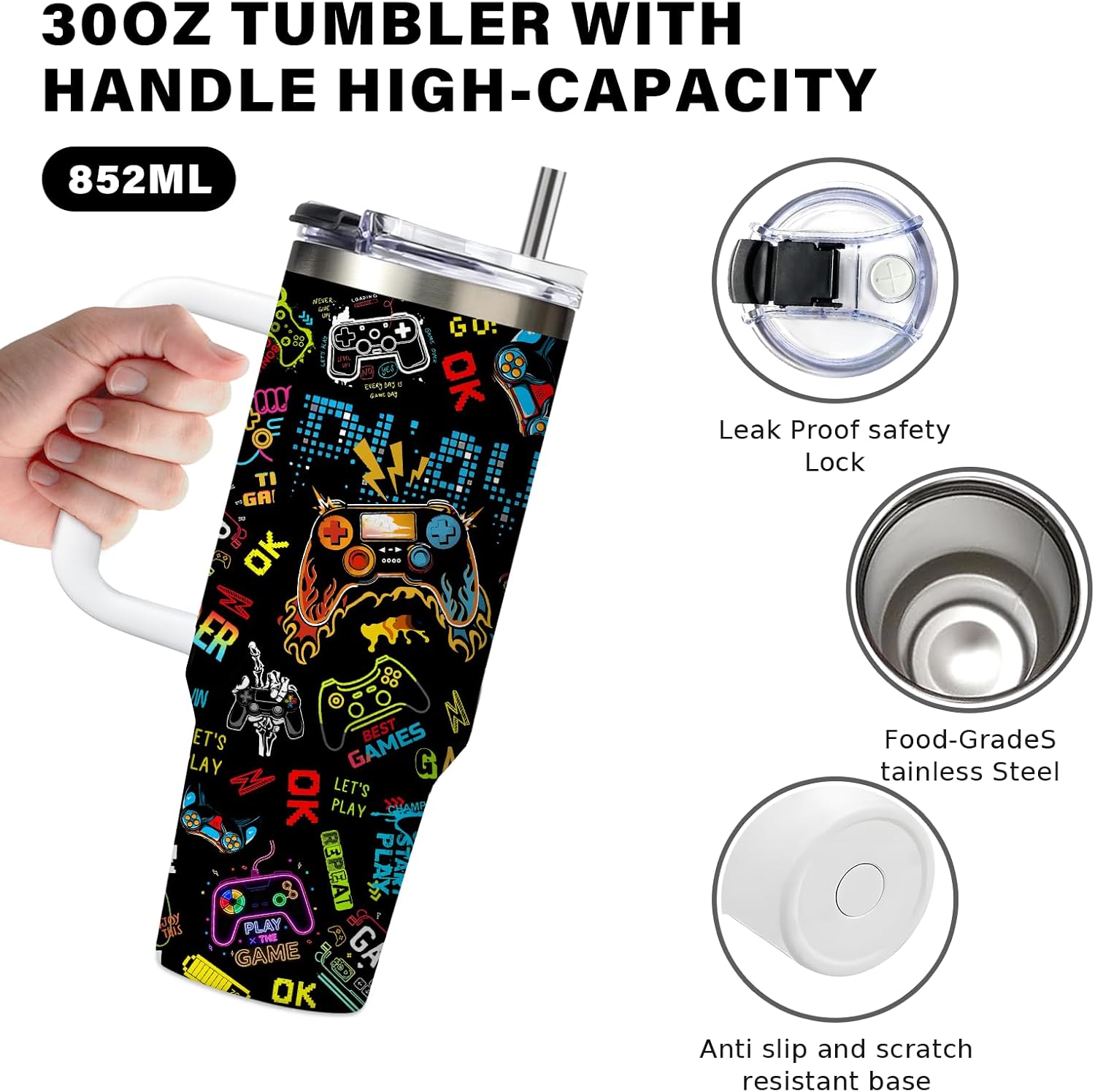 Gifts for Teen Boys & Gamers - 30oz Gamer Tumbler with Handle, Insulated Water Bottle Cup for Men, Leak Proof Birthday Christmas Gift