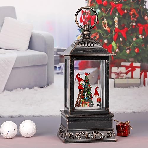 Miniatura 36 de Decoraciones de globos de nieve de otoño, linterna de gnomo con purpurina con temporizador de 6 horas, decoración iluminada alimentada por