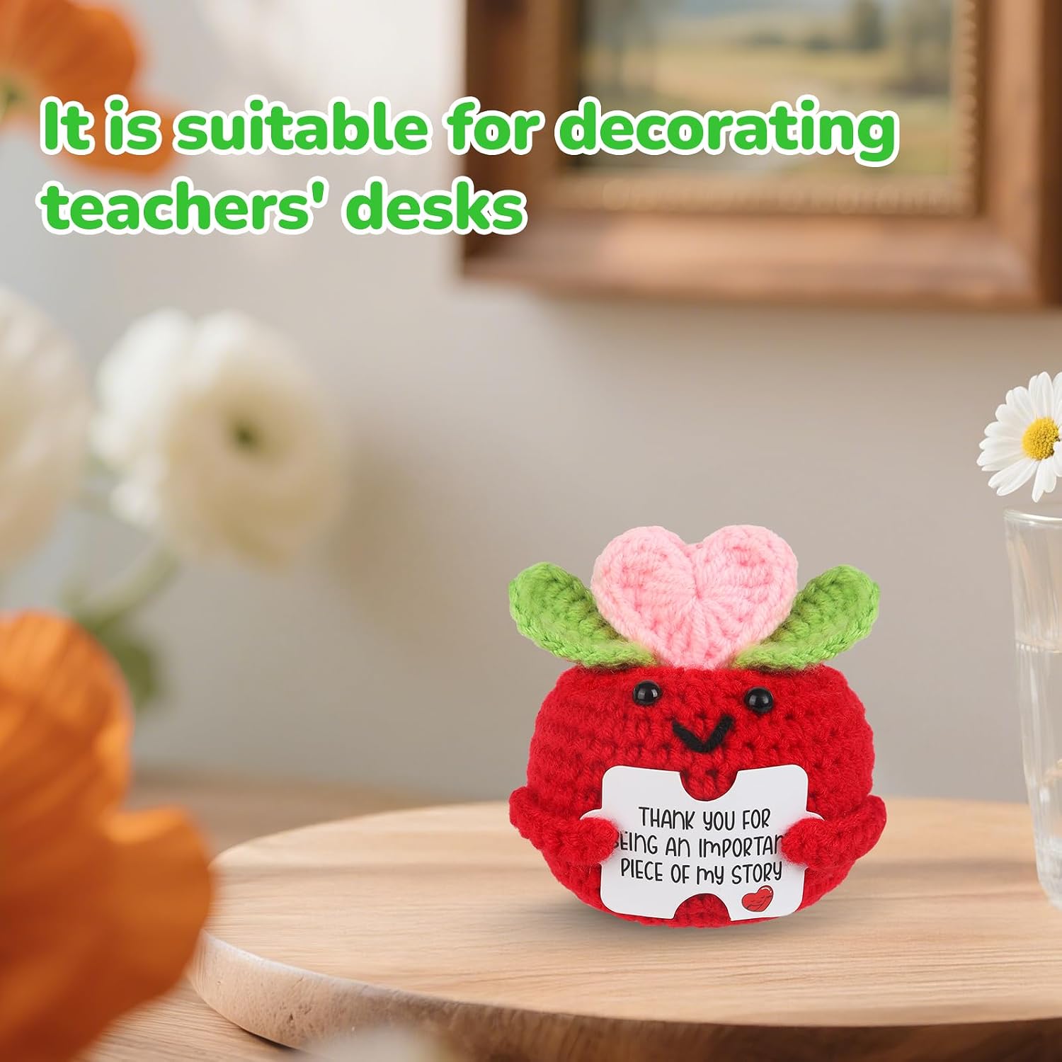 Chuchoter Appreciation Gifts for Teacher,Thank You Teachers Day Birthday Graduation Retirement School Gifts for Teachers Students, Mini Positive Apple Sunflower Doll Crochet for Boss Coworkers (Pink)