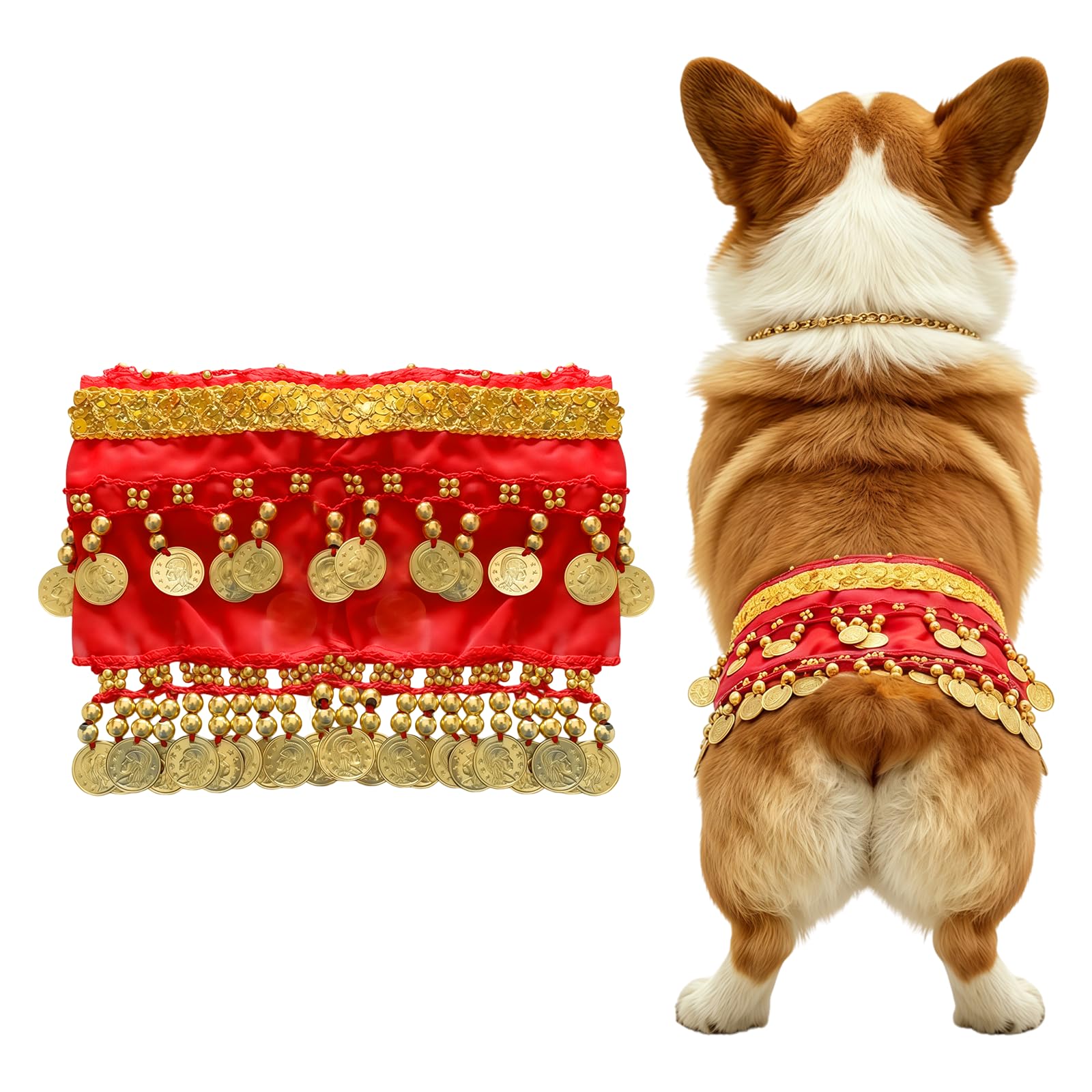 Bohue Red Dog Belly Dance Hip Chain Scarf Adjustable Puppy Waist Wrap with Sequins Belly Dancing Hip Scarf Bling Pet Costume Accessory for Halloween Party Performance (Red)