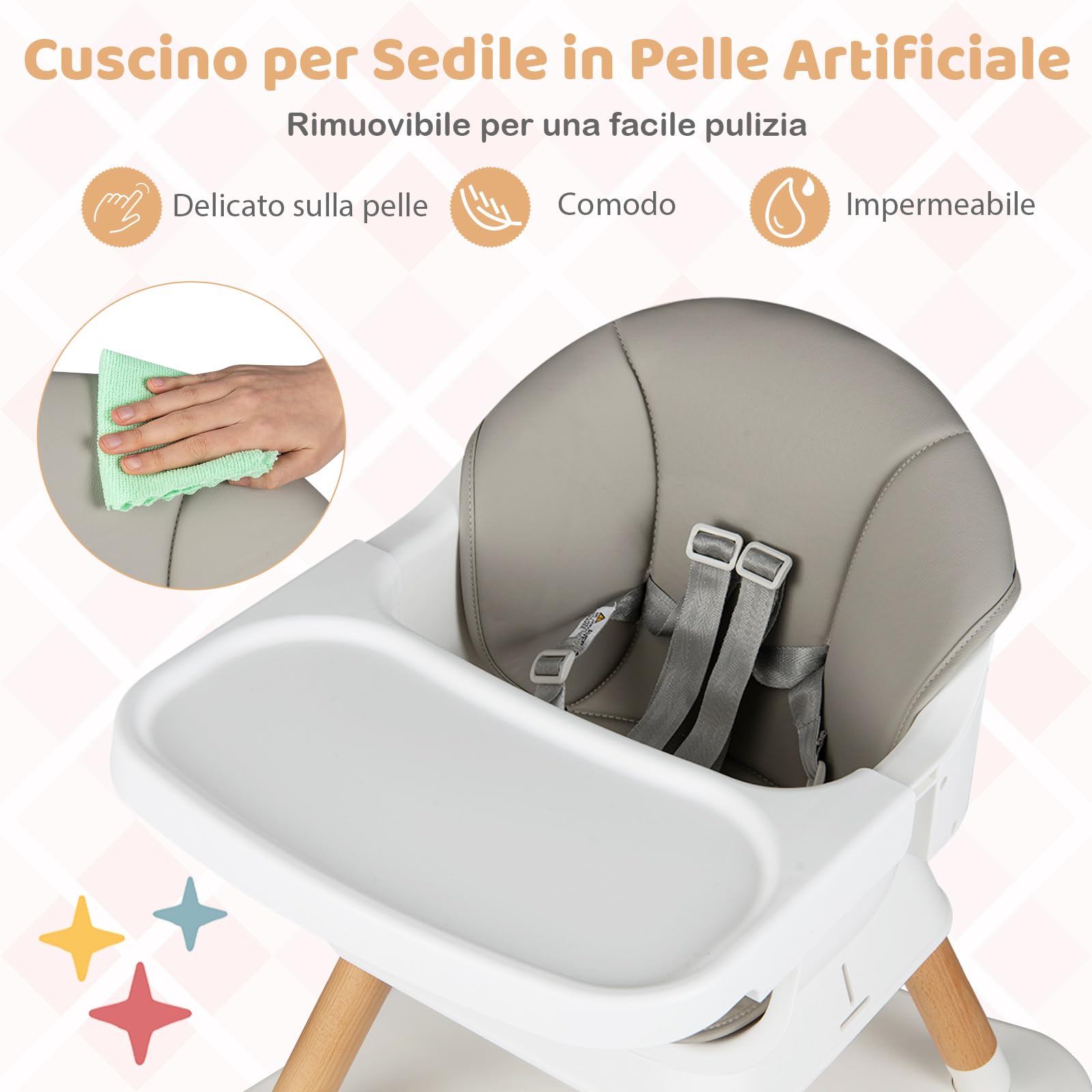 COSTWAY Seggiolone Pappa per Bambini, Seggiolone Convertibile con Cintura e Vassoio Rimovibile, Sedia Evolutiva per Neonati, Telaio in Legno Massello, per Neonati 6-36 Mesi (Grigio Chiaro)