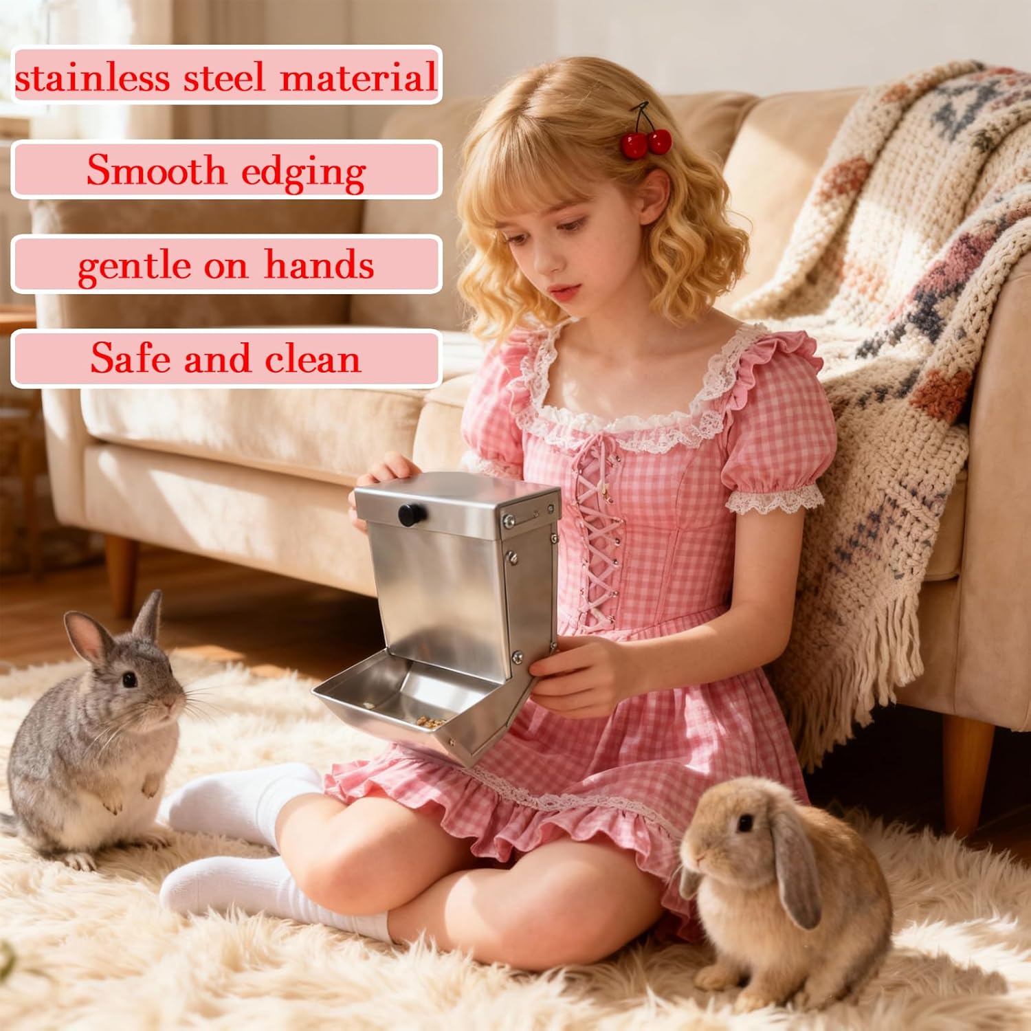 Rabbits Feeder 2 Pcs - Gravity Feeding for Cage Stainless Steel 4Lbs 6.2 Inch, Anti-Corrosion Durable with Sliding Lid for Pet Small Animal Indoor Outdoor Use, Holds Several Days' Food