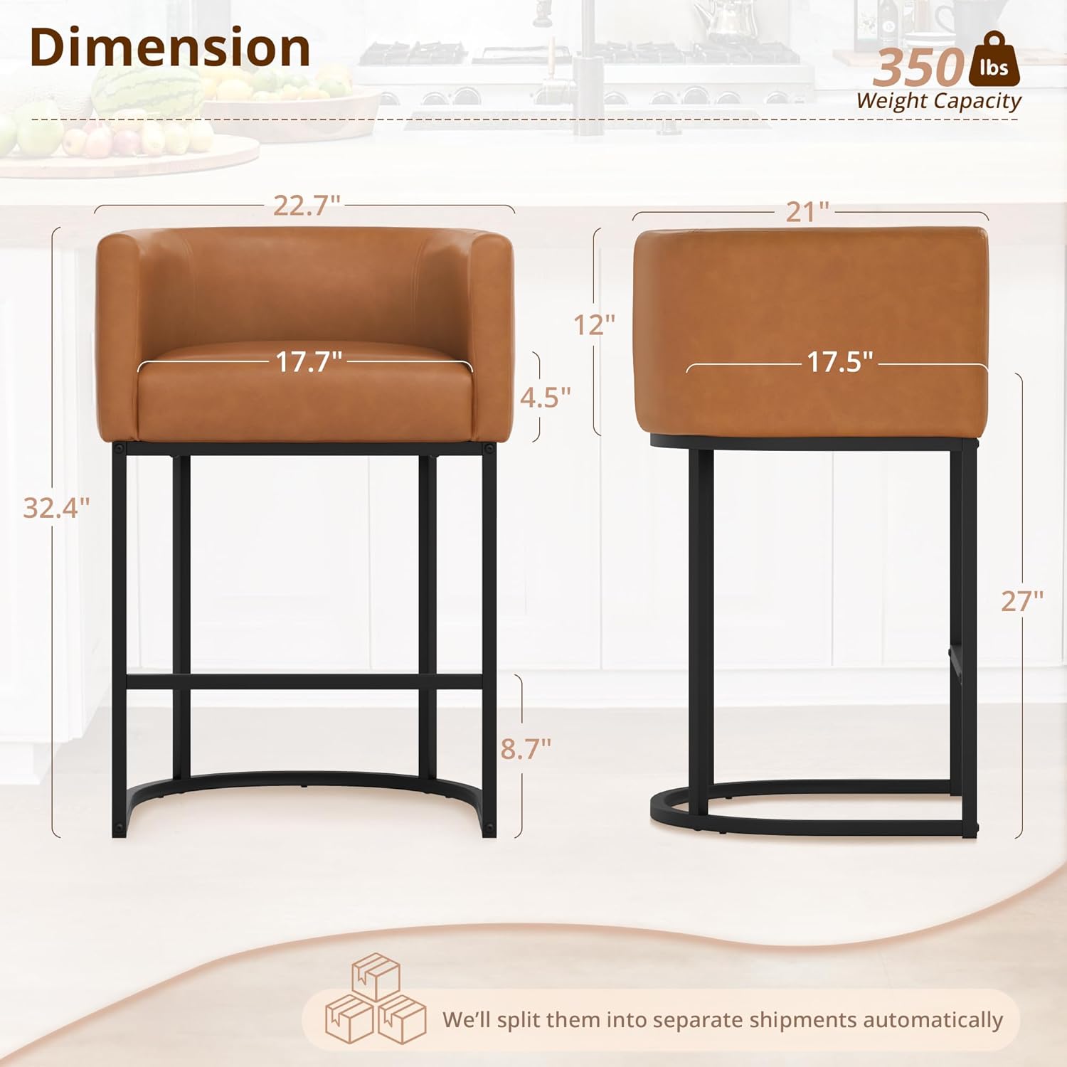 LUE BONA 27" H Counter Height Bar Stools Set of 2, Modern Barrel Counter Stools with Backrest and Arms, Black Metal Frames,Faux Leather Upholstered Accent Barstools for Kitchen Island,Yellowish Brown