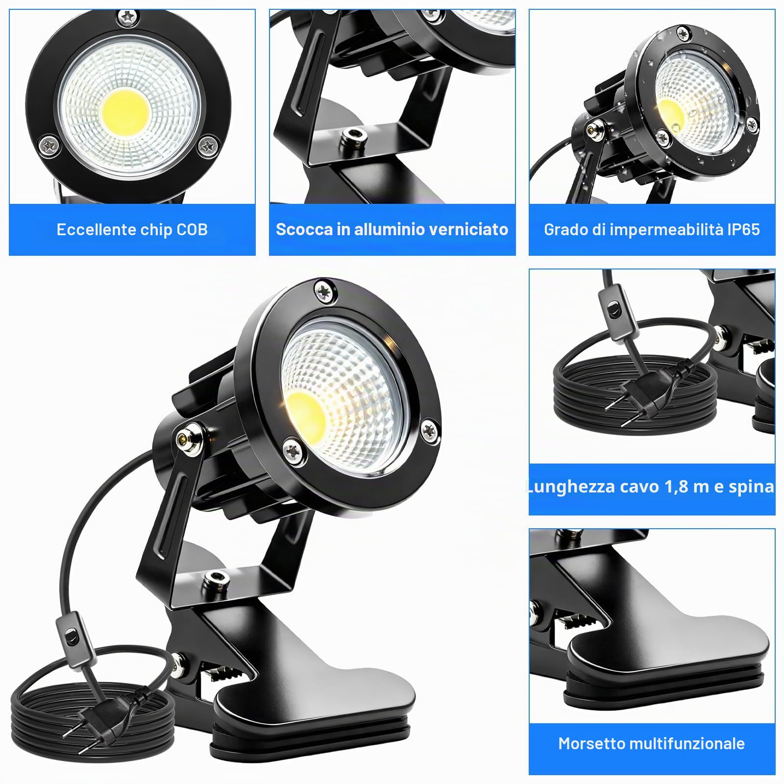 GBKDQQ 2 faretti LED a morsetto con spina e interruttore, IP65, impermeabile, per interni ed esterni, 10 W, con cavo da 1,5 m, per esterni (bianco caldo)