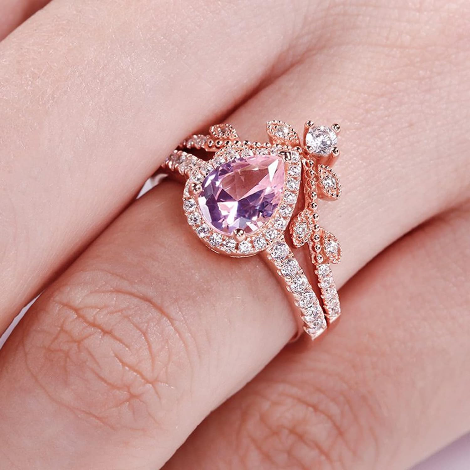 Jeulia Engagement Rings Sterling Silver Halo Pear Cut Synthetic Pear Shape Natural Pink Rose Gold Diamond Bridal Set Halo Art Deco Wedding band Anniversary Promise Jewelry Crystal With Gift Box