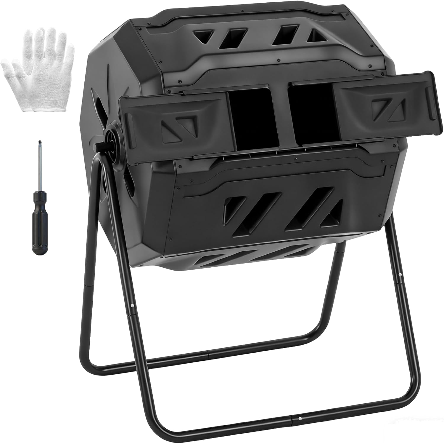 OLIXIS 43 Gallon Dual Chamber Compost Tumbler Bin Outdoor - 360° Rotating Composter with Gloves for Patio Garden Black