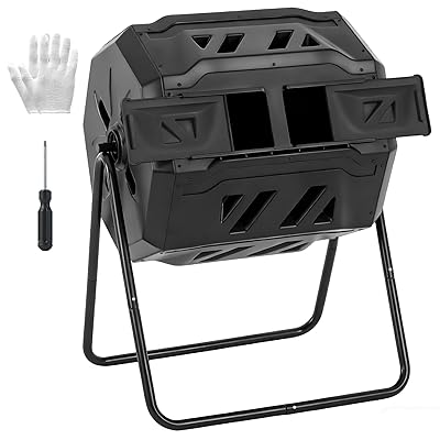 OLIXIS Compost Bin Outdoor 43 Gallon, Dual Chamber Composter Tumbler Outdoor with Gloves, Efficient 360°Rotating Composting Bin for Patio, Lawn, Home Gardening and Landscape, Black