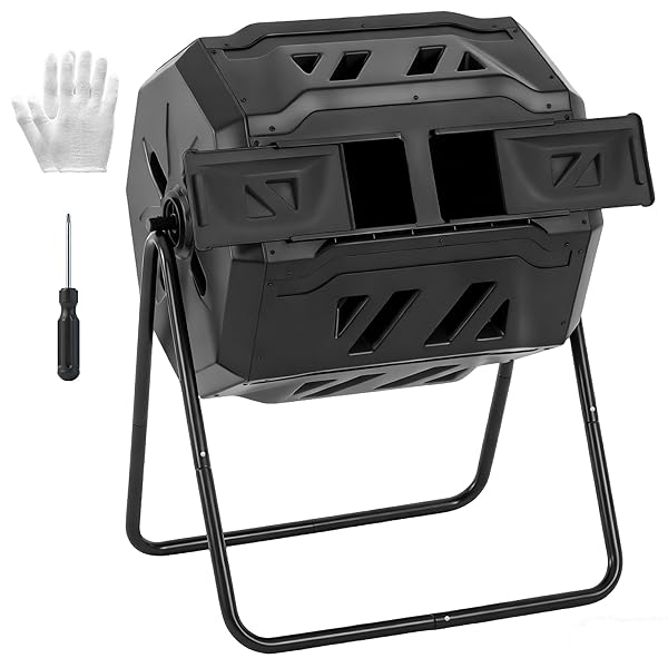 OLIXIS Compost Bin Outdoor 43 Gallon, Dual Chamber Composter Tumbler Outdoor with Gloves, Efficient 360°Rotating Composting Bin for Patio, Lawn, Home Gardening and Landscape, Black