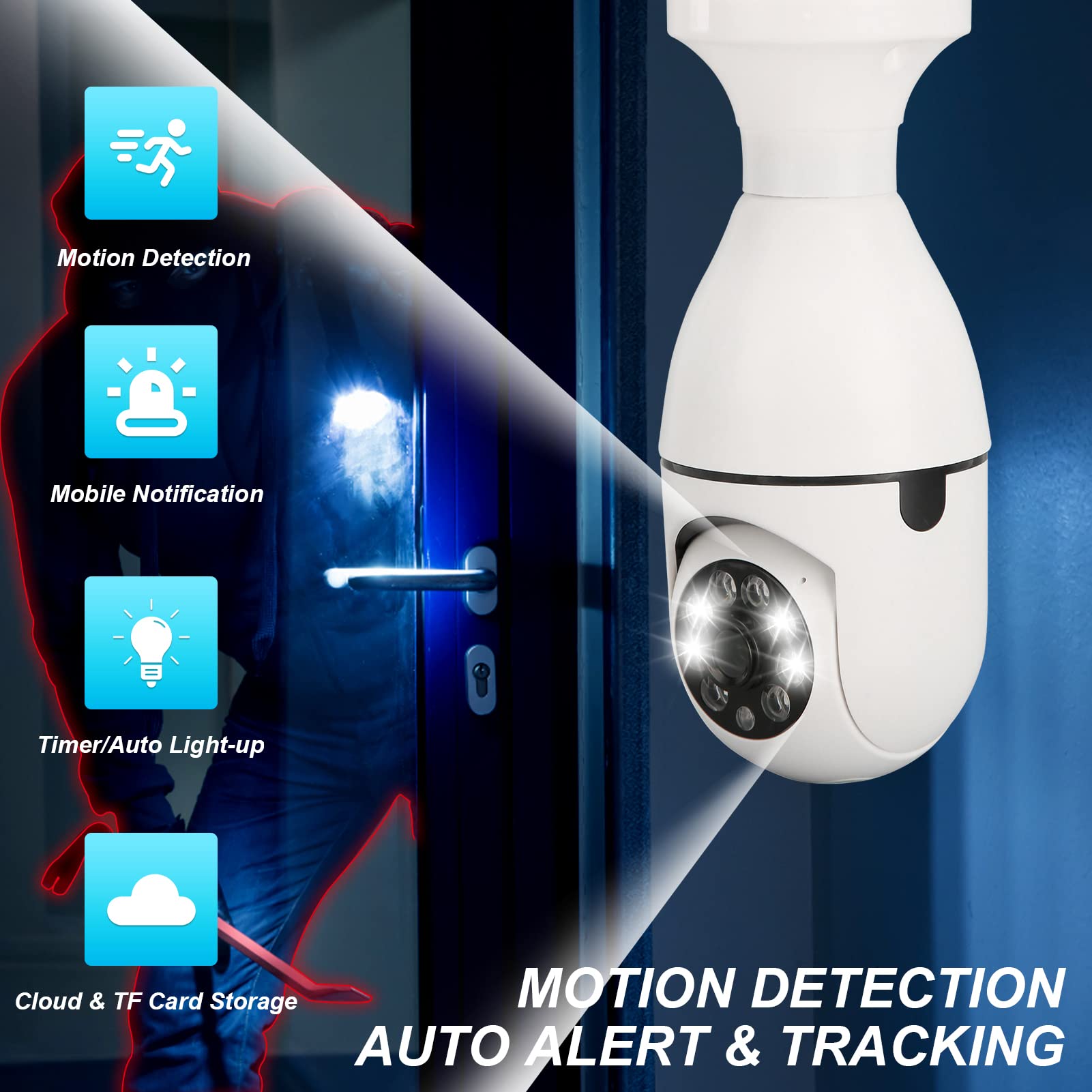 Cámara de seguridad con bombilla, cámaras de seguridad de 360 ​​grados inalámbricas para exteriores, cámara de vigilancia con bombilla de visión nocturna HD panorámica inalámbrica 1080P para el hogar