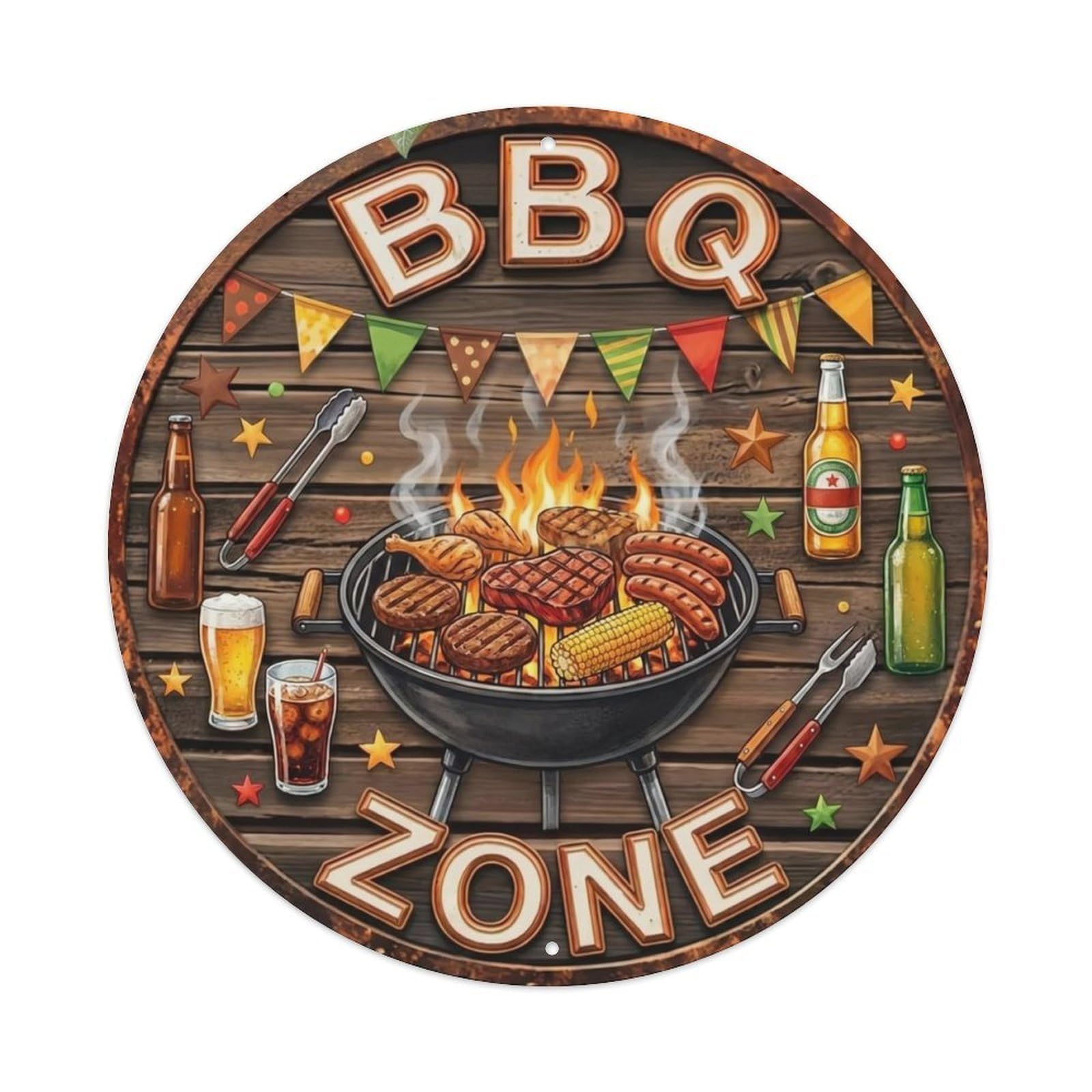 BBQ Barbecue Zone Party Vintage Metal Tin Sign Plaque Wall Decor for Cafe, Club, Garden Round Metal Poster 8x8Inch
