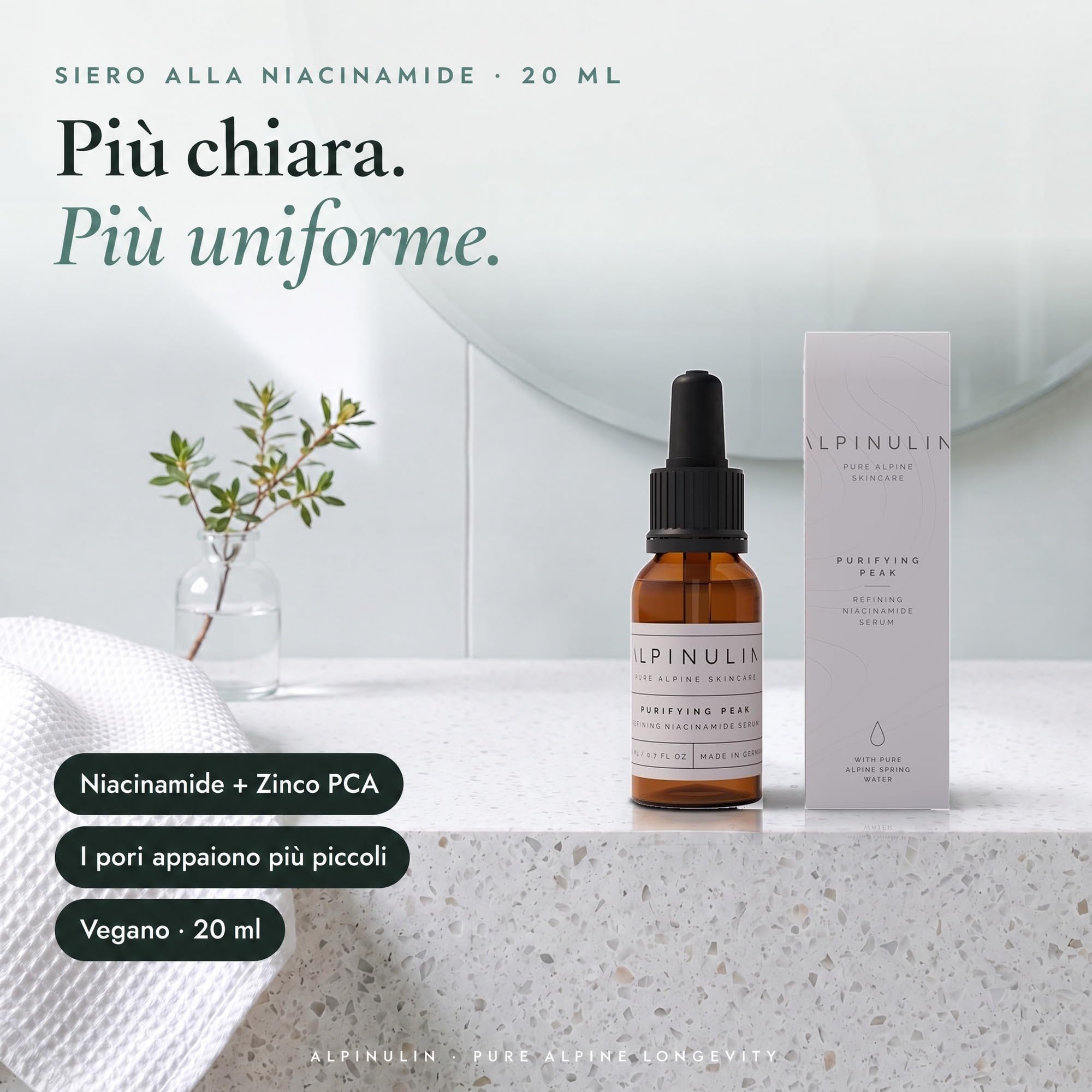 ALPINULIN Purifying Peak Niacinamide siero 20 ml vegano – siero per la cura della pelle impura con niacinamide, acido ialuronico, zinco PCA, estratto di rosa alpina ed estratto di stella alpina