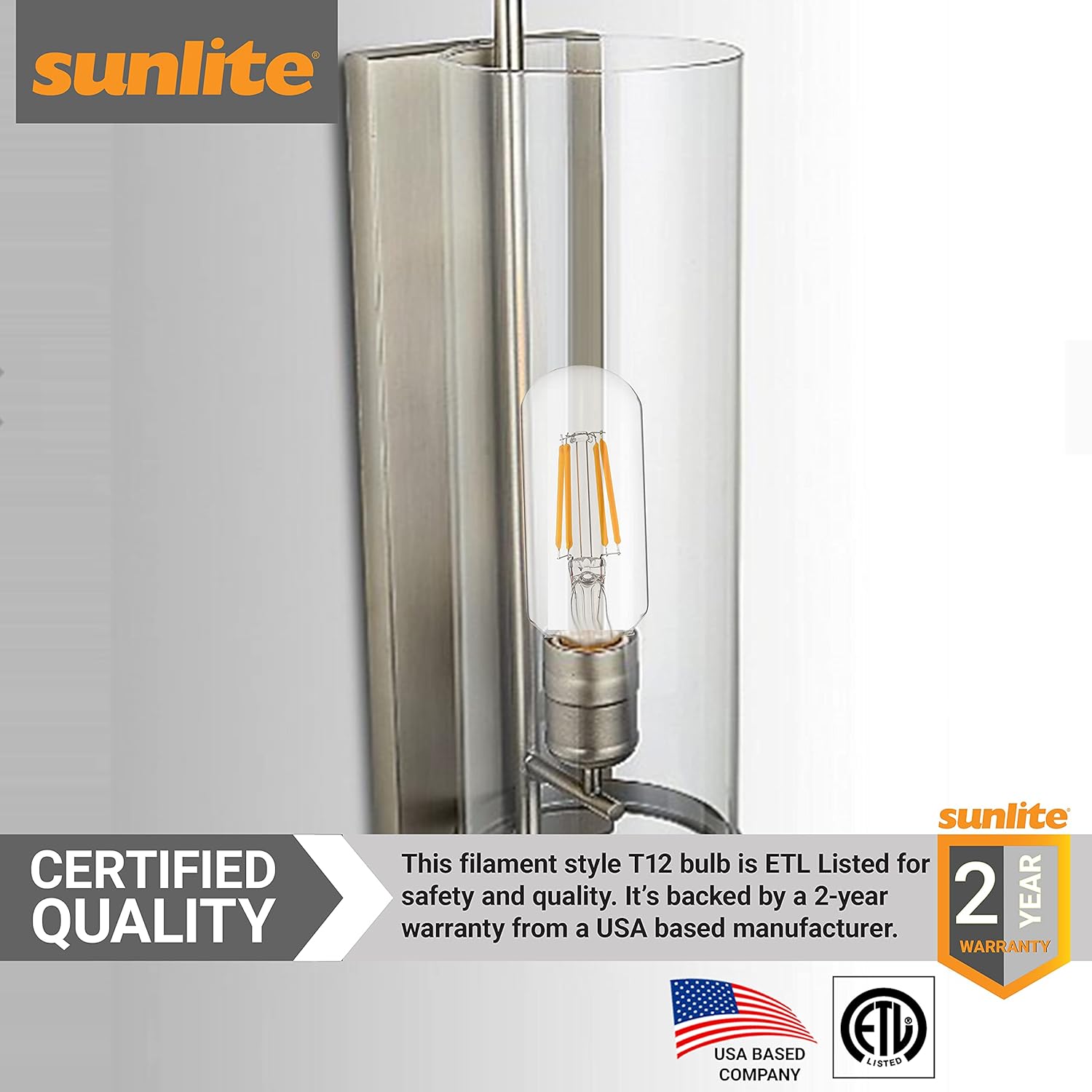 Sunlite LED Filament T12 Tubular Light Bulb, 3 Watts (40W Equivalent), 350 Lumens, ETL Listed, 100 mm, Medium E26 Base, Dimmable, 2700K Soft White, 6 Pack