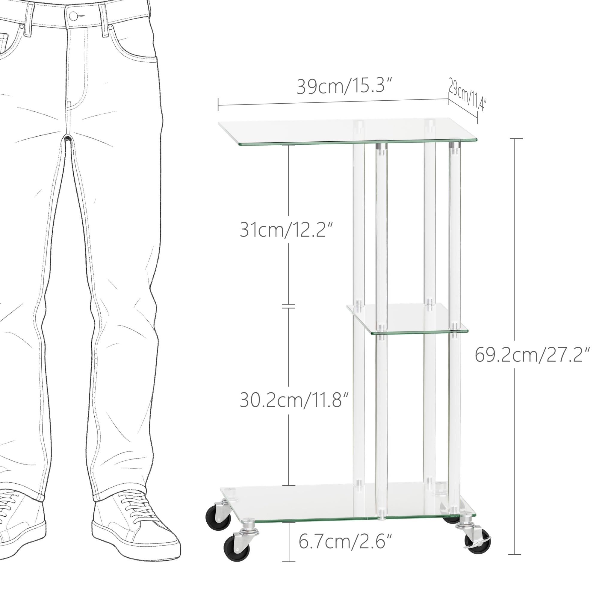 Tavolino da Letto in Vetro Trasparente con Ruote C Shape LET525TR | Tavolino da Letto|Vetro Trasparente|Con Ruote Mobili|C Shape|Per Soggiorno Camera