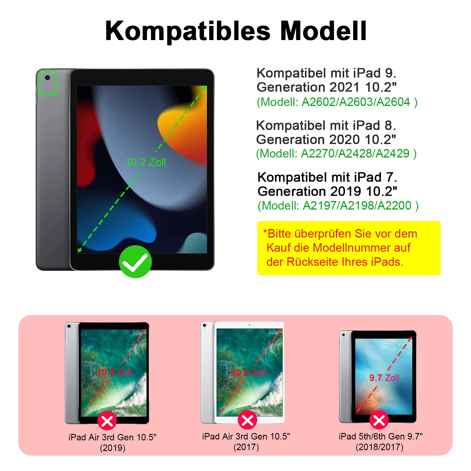 TQQ Toetsenbordhoes voor iPad 10,2 inch (9/8/7 generatie), voor iPad Air 3e en iPad Pro 10.5, oplaadbaar, afneembaar BT-toetsenbord, Duitse QWERTZ-lay- out