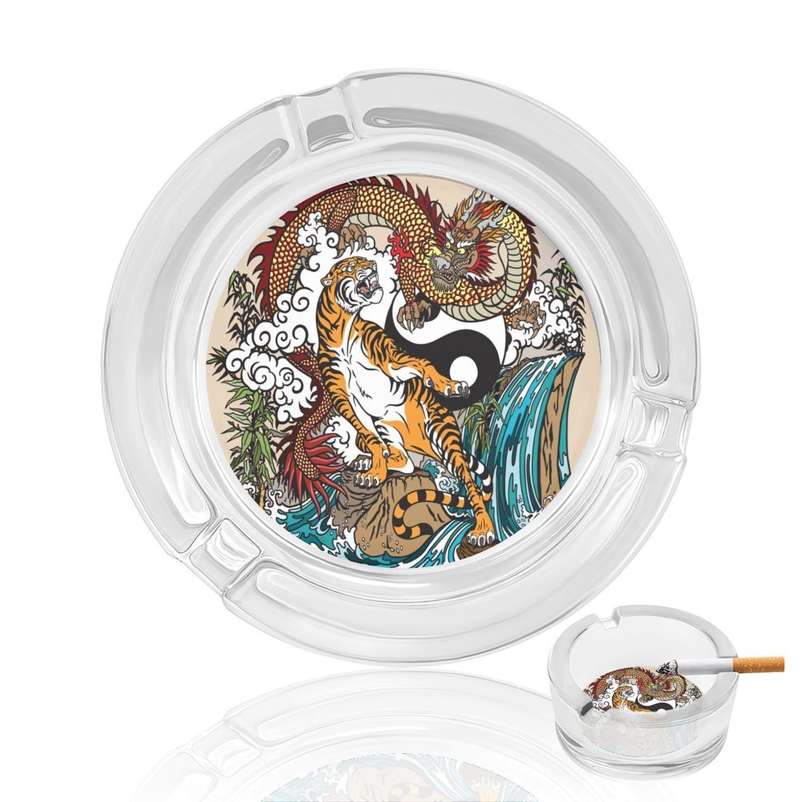 Ying-and-Yang Chinese Dragon And Tiger Ashtray Portable Round Glass Outdoor Ash Tray for Home Office Garden Pub