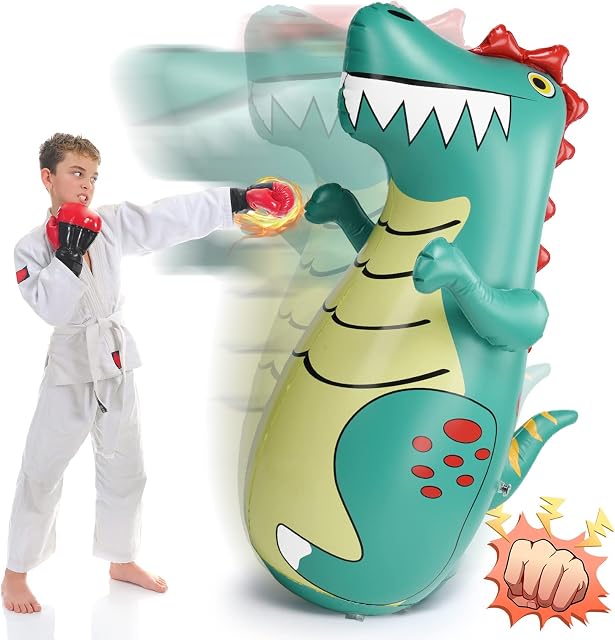 olyee Boxing Dinosaur Punching Bag for Kids & Adults, Free Standing Bounce Back Inflatable Roly-poly Toy for Relaxing Punch Indoors