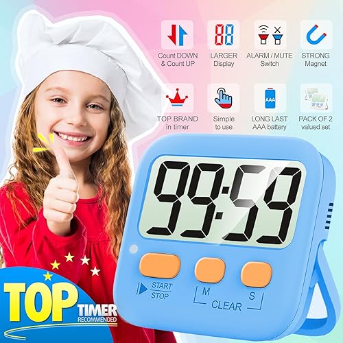 Miniatura 51 de Antonki Paquete de 2 temporizadores digitales para niños, temporizadores de cocina magnéticos de cuenta regresiva para cocinar, huevos, aula, 2 x