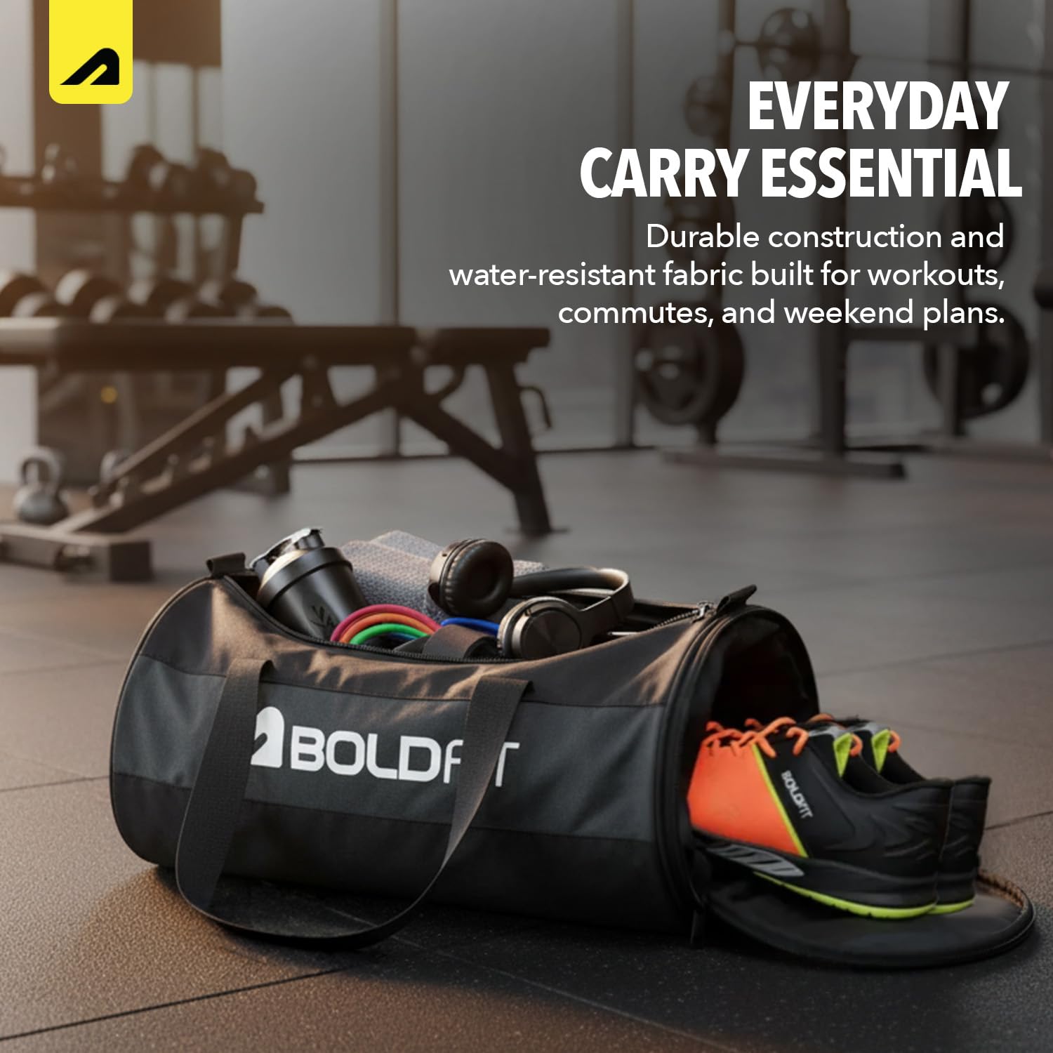 Boldfit Gym Bags for Men with Separate Shoe Compartment Unisex Duffle Bag for Carry & Travel Adjustable for Shoes Towel Duffel Sports Bag for Women & Men 20L - Black Grey 1